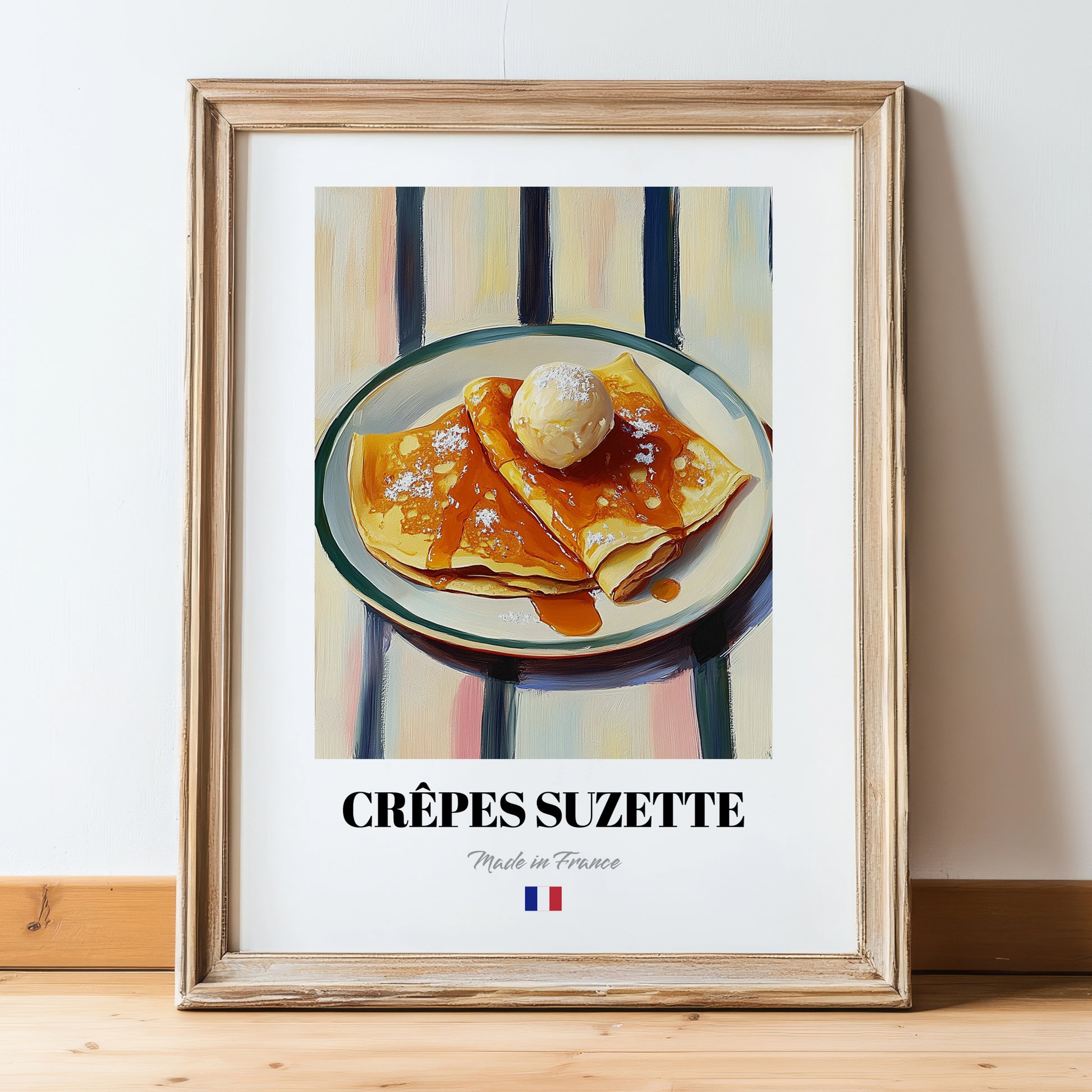 Crêpes Suzette – on Striped Tablecloth, French French Dessert Wall Decor, in wooden frame leaning on the floor