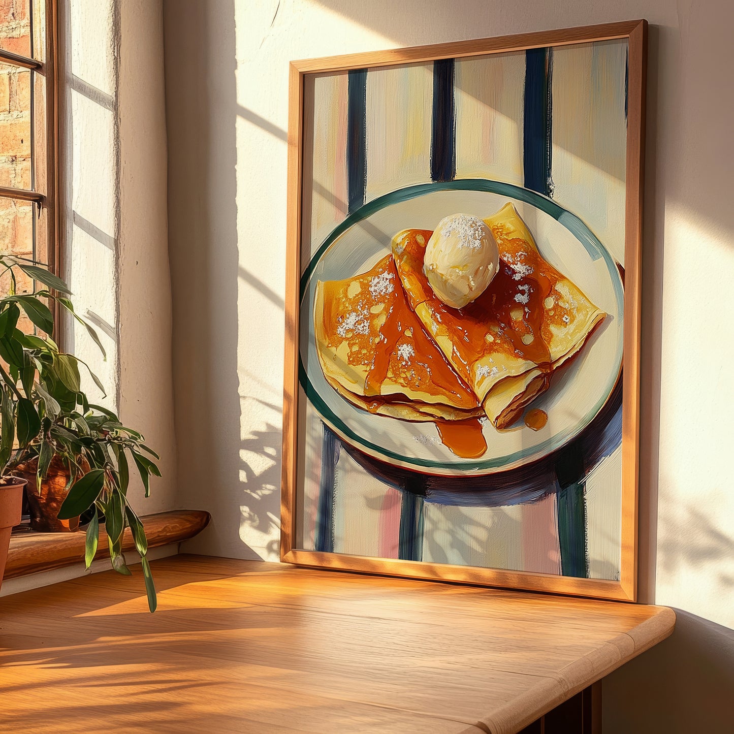 Crêpes Suzette – on Striped Tablecloth, French French Dessert Wall Decor, clean layout with no caption
