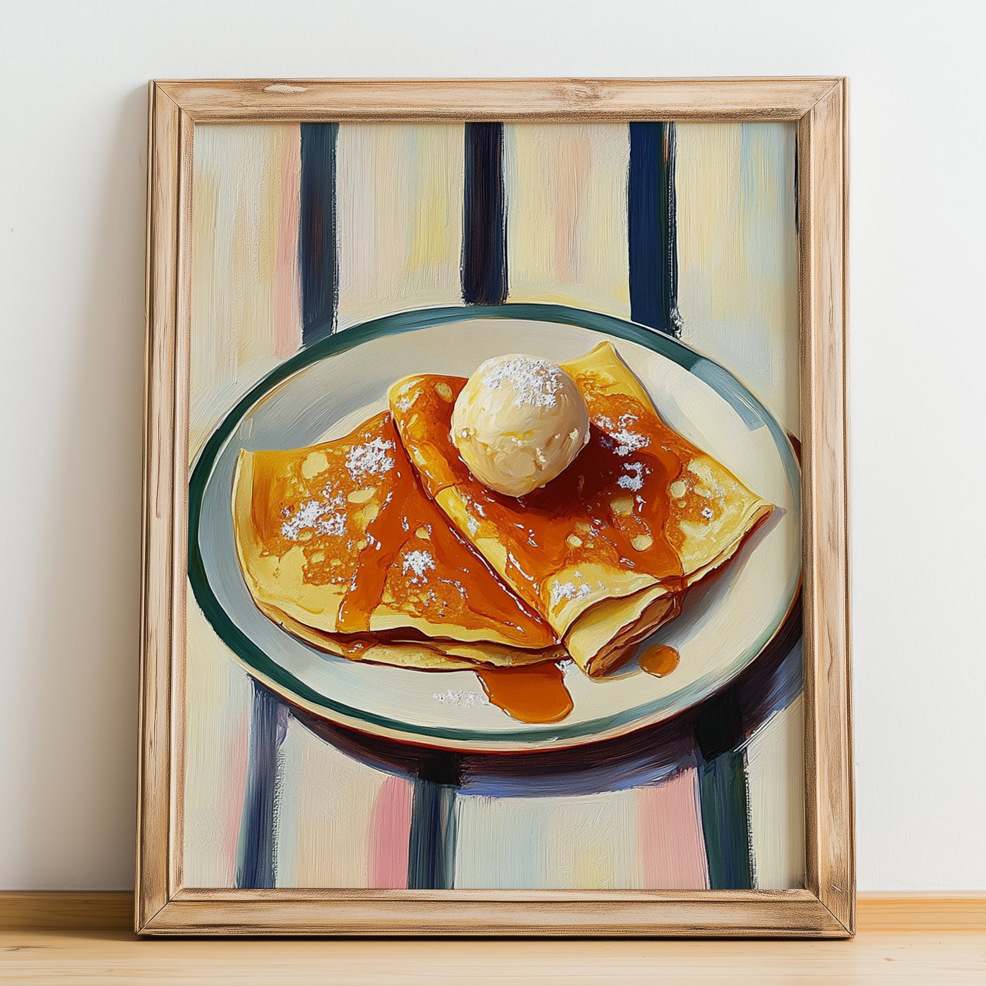 Crêpes Suzette – on Striped Tablecloth, French French Dessert Wall Decor, no-text version framed in wood