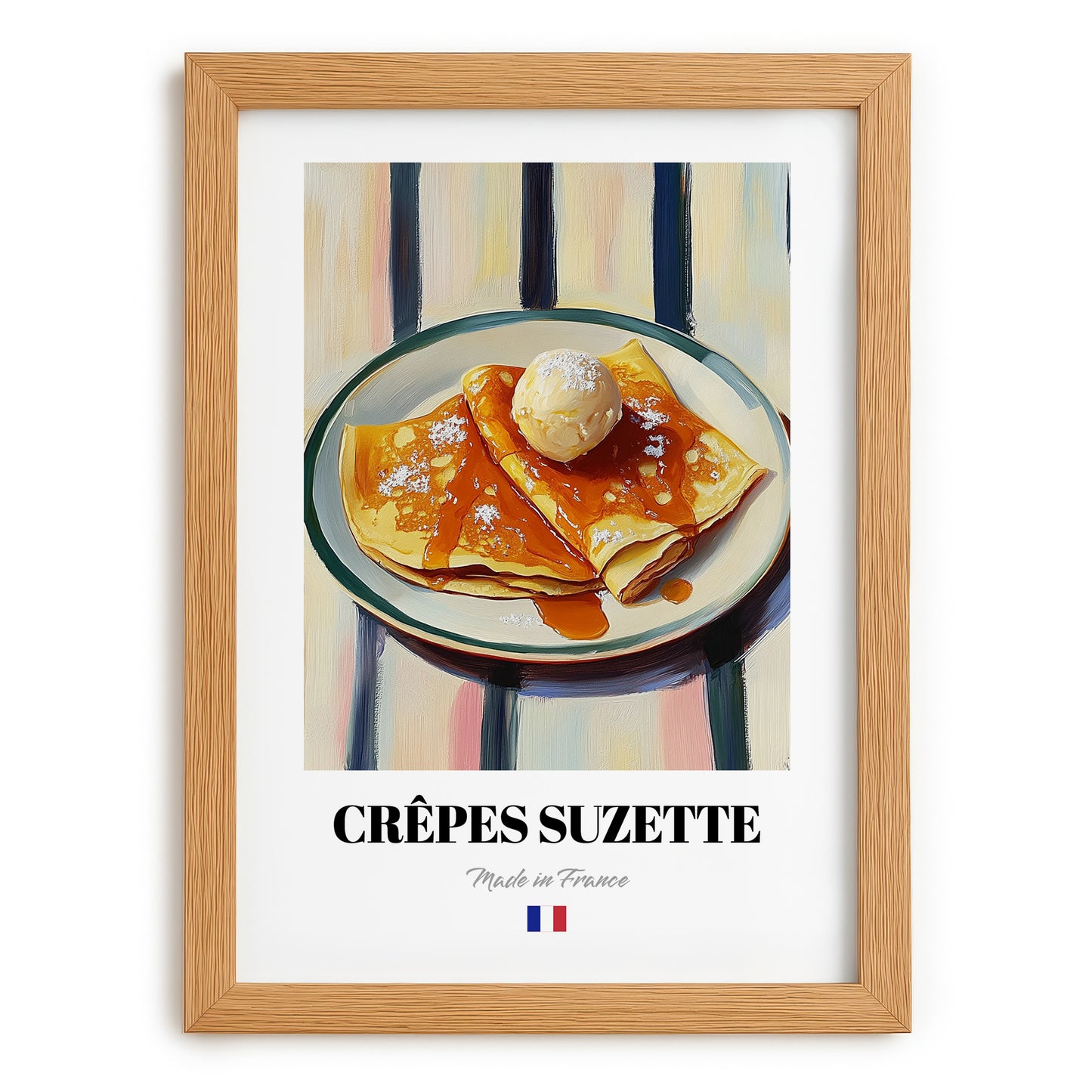 Crêpes Suzette – on Striped Tablecloth, French French Dessert Wall Decor, set in oak frame