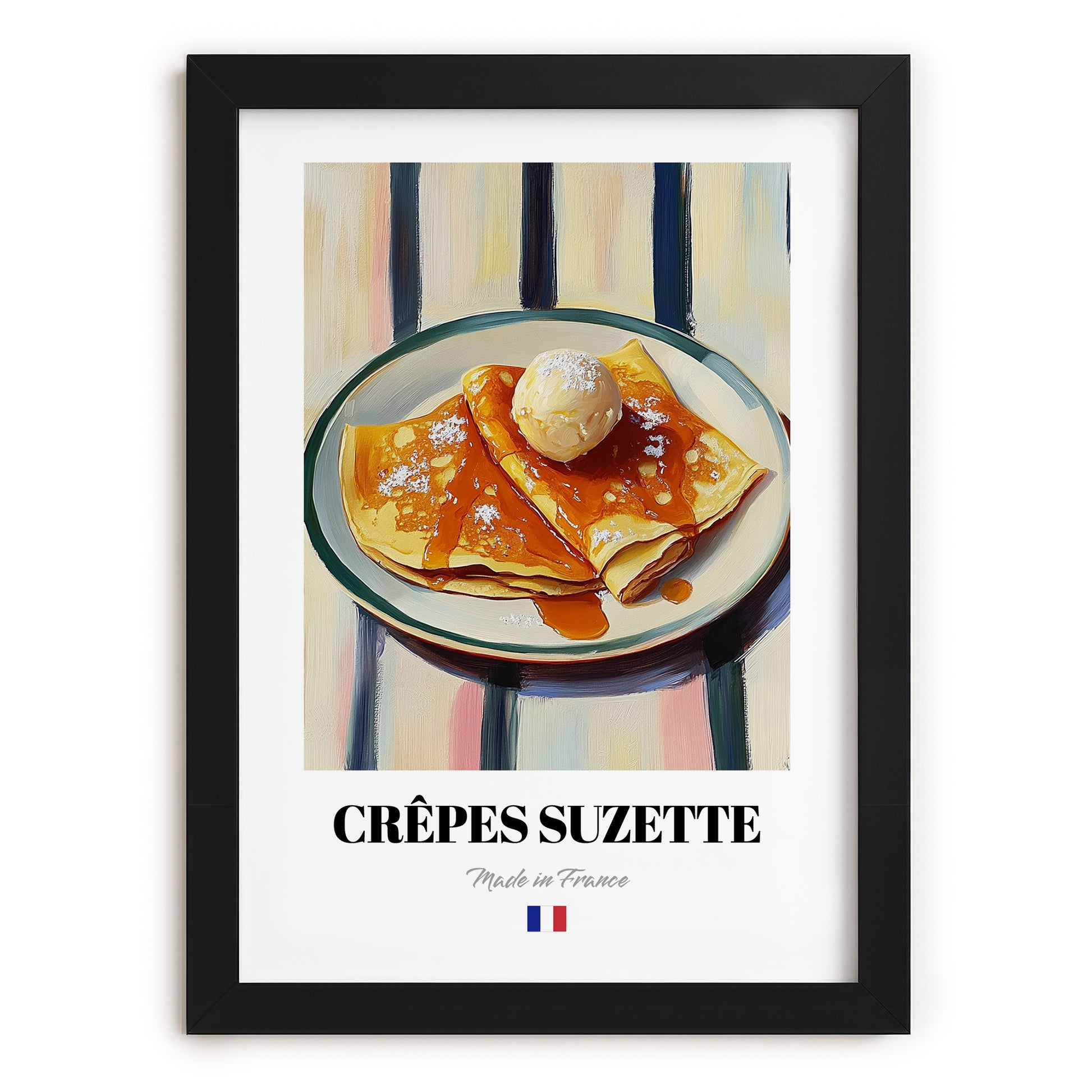 Crêpes Suzette – on Striped Tablecloth, French French Dessert Wall Decor, in sleek black frame