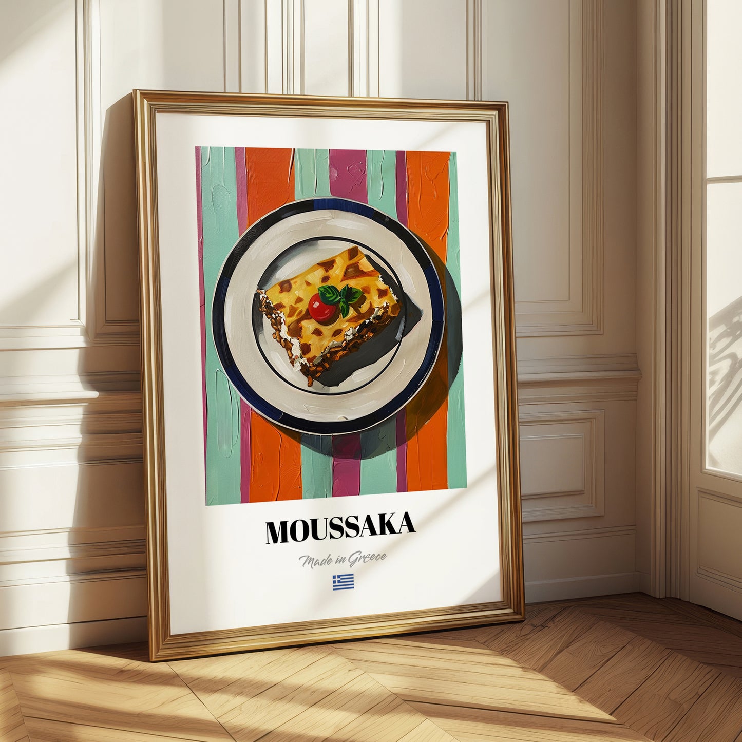 Moussaka – on Striped Tablecloth, Greek Food Still Life