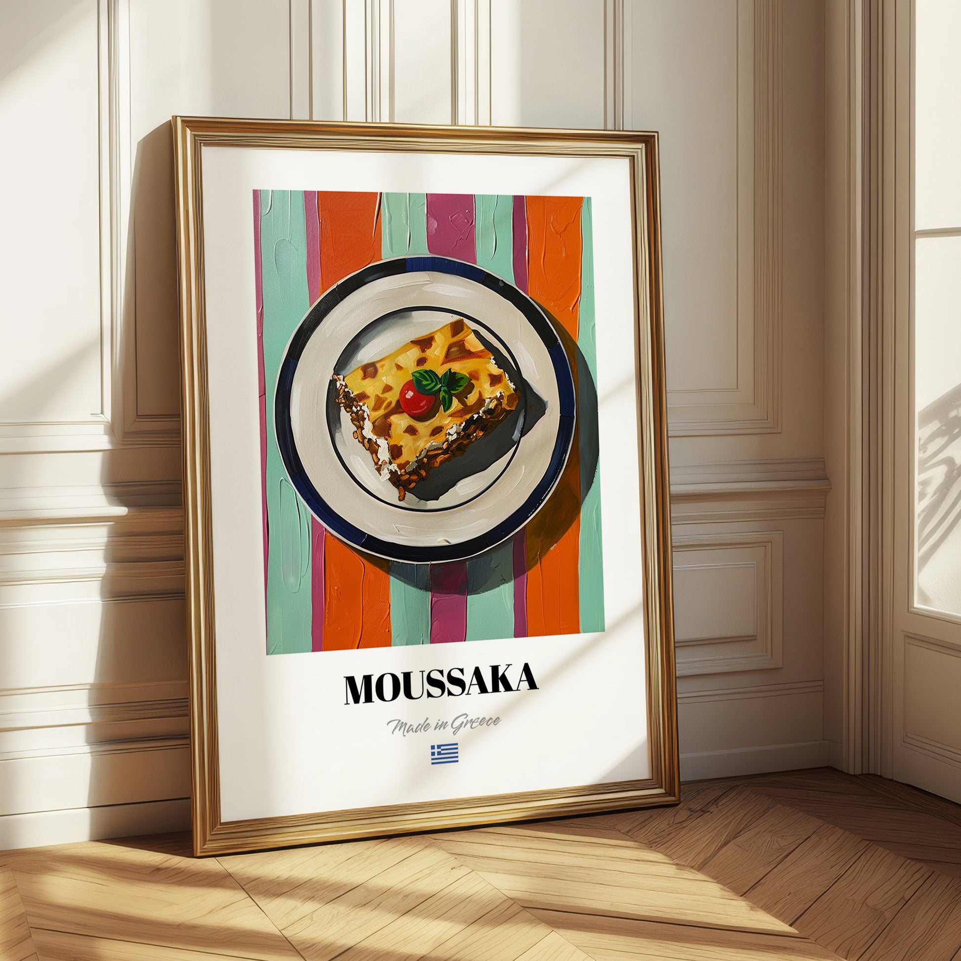 Moussaka – on Striped Tablecloth, Greek Food Still Life