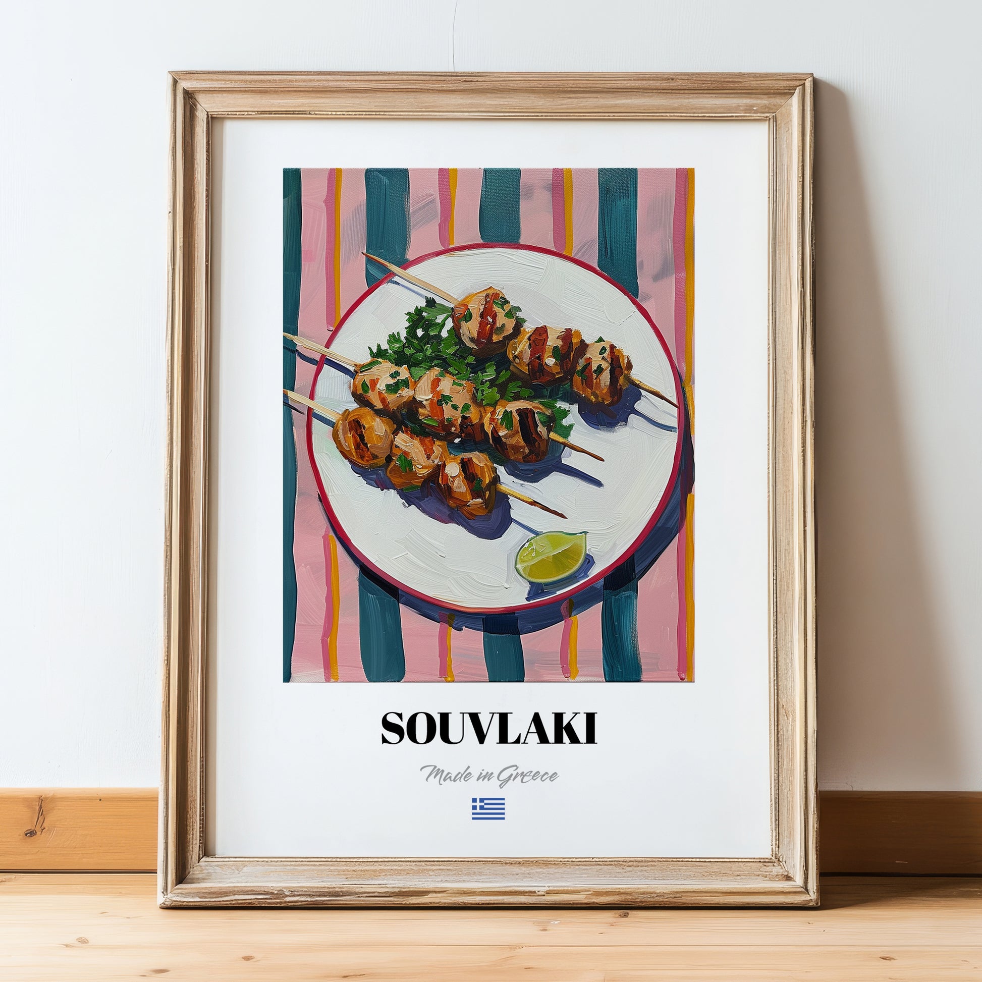 Souvlaki – on Striped Tablecloth, Greek Food Wall Decor, in wooden frame leaning on the floor