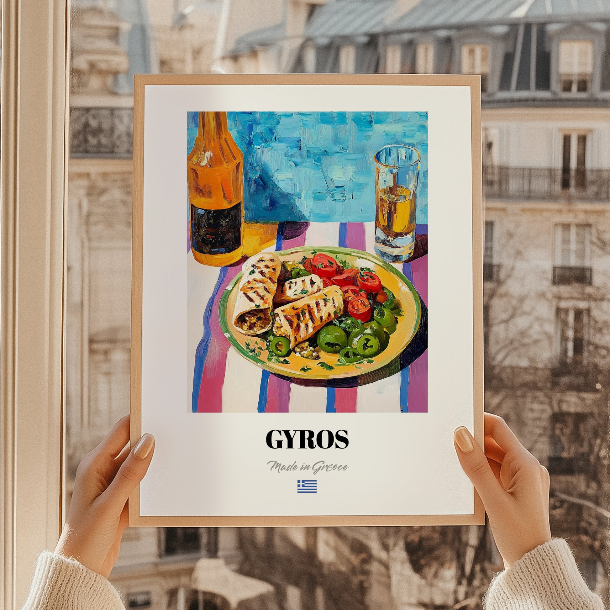Gyros – Colorful Oil Painting, Greek Food Poster, styled in a charming Paris street view