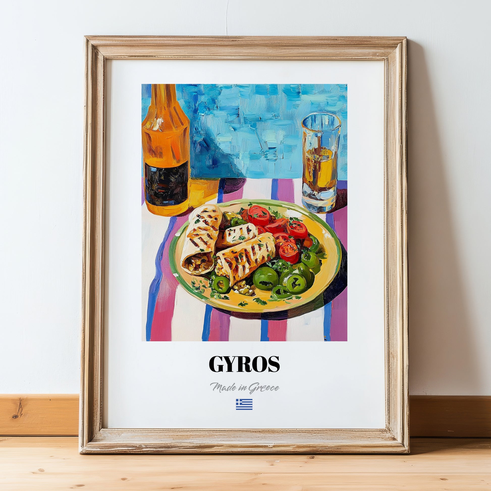 Gyros – Colorful Oil Painting, Greek Food Poster, in wooden frame leaning on the floor