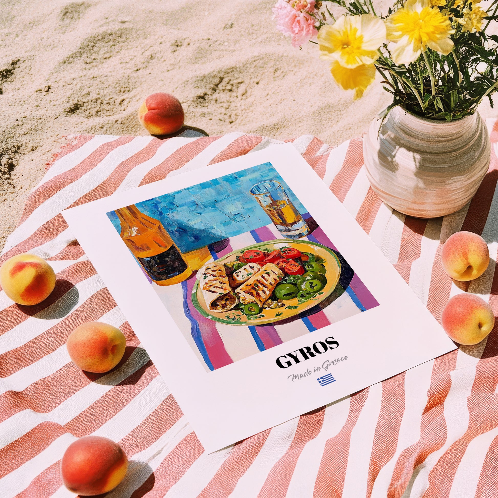 Gyros – Colorful Oil Painting, Greek Food Poster, unframed on coastal sand