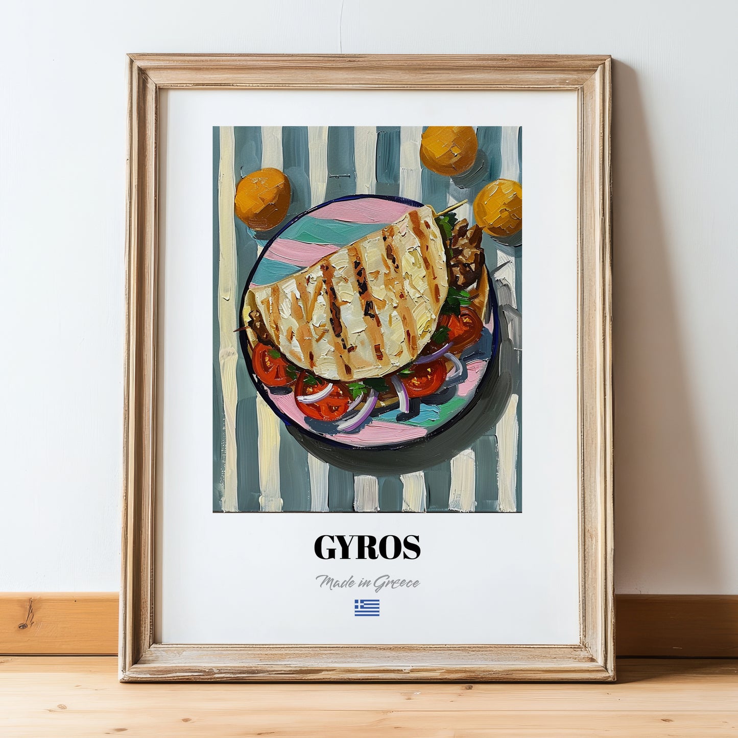 Gyros – Oil Painting, Greek Food Still Life, in wooden frame leaning on the floor