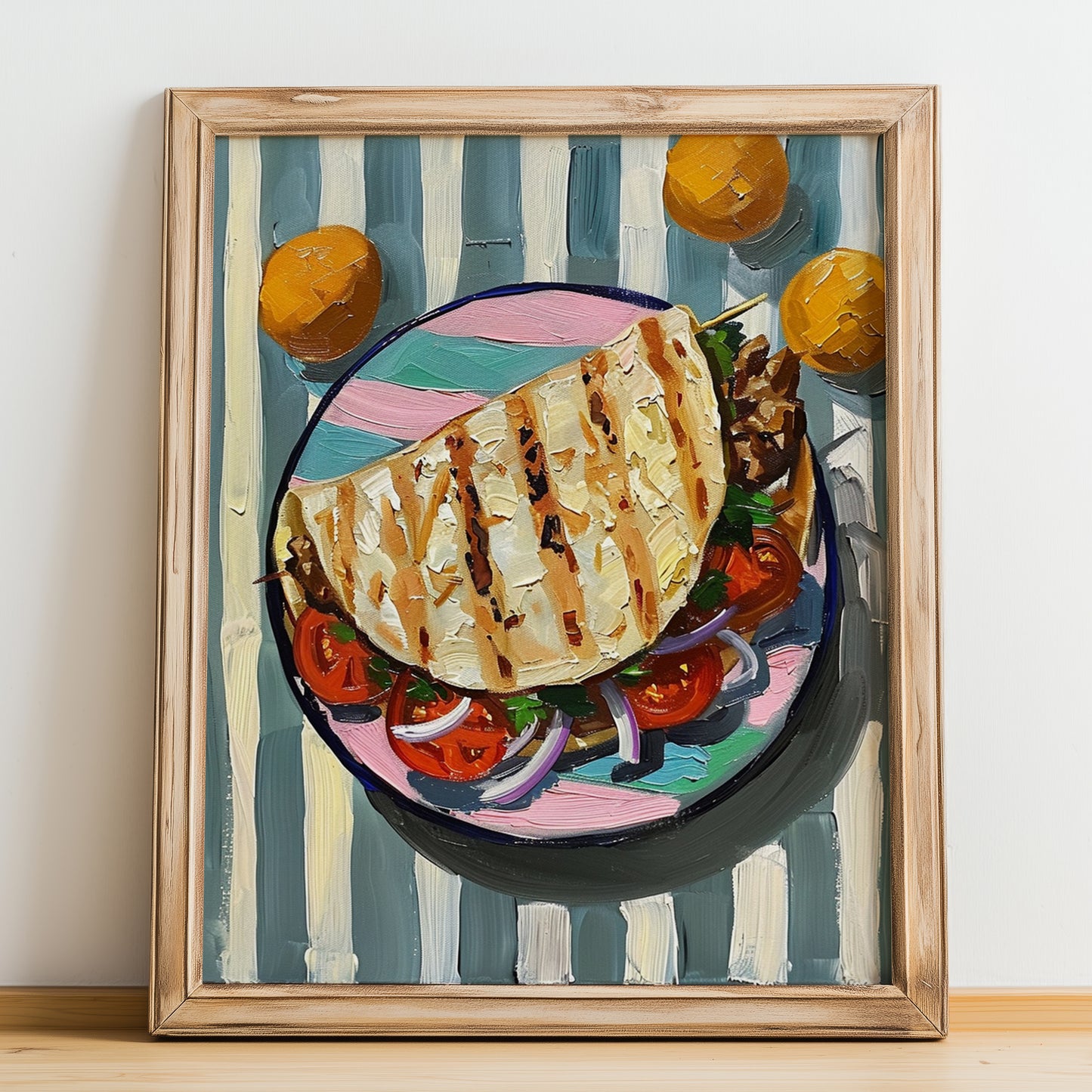 Gyros – Oil Painting, Greek Food Still Life, no-text version framed in wood