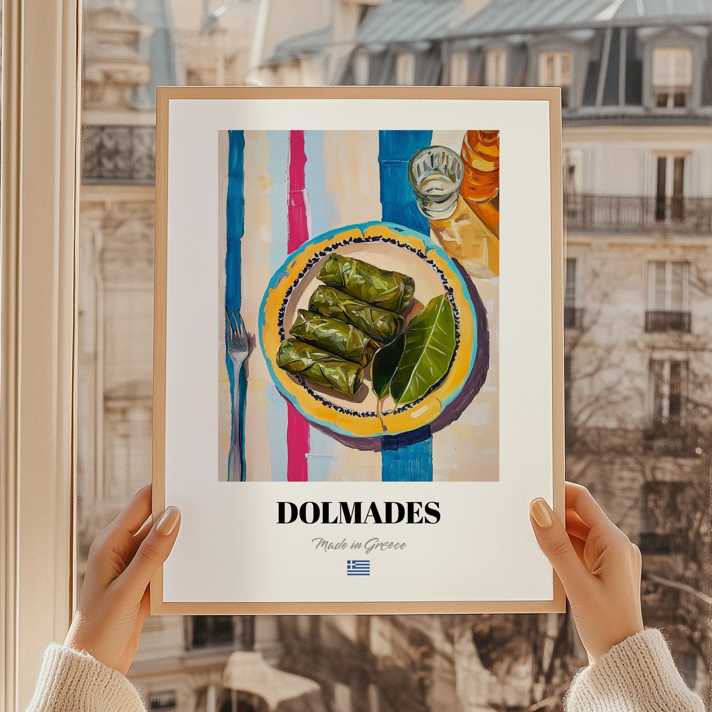 Dolmades – on Striped Tablecloth, Greek Food Illustration, styled in a charming Paris street view