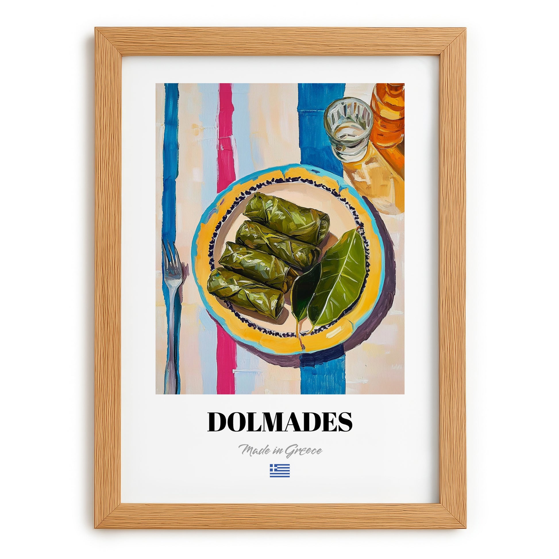 Dolmades – on Striped Tablecloth, Greek Food Illustration, set in oak frame