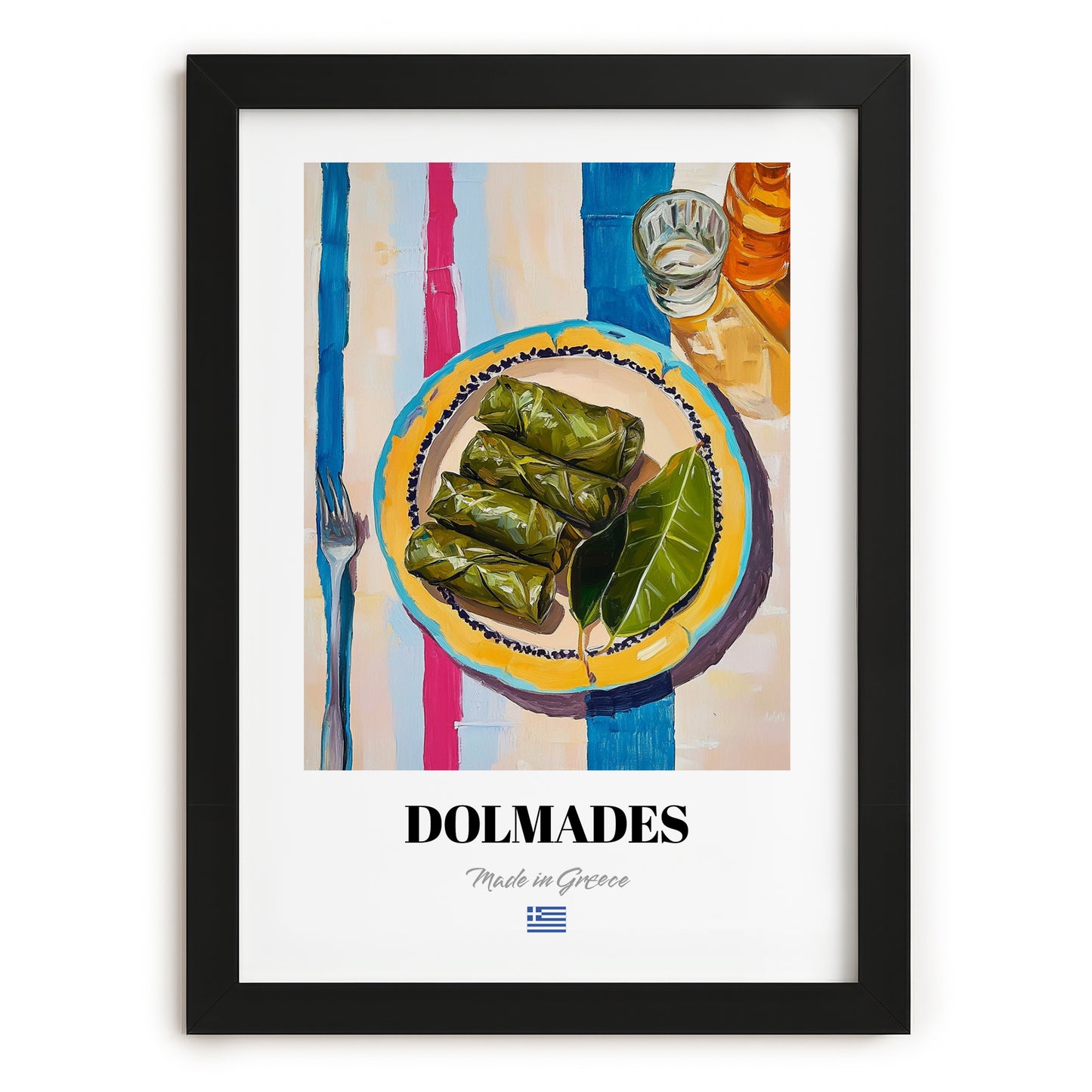Dolmades – on Striped Tablecloth, Greek Food Illustration, in sleek black frame