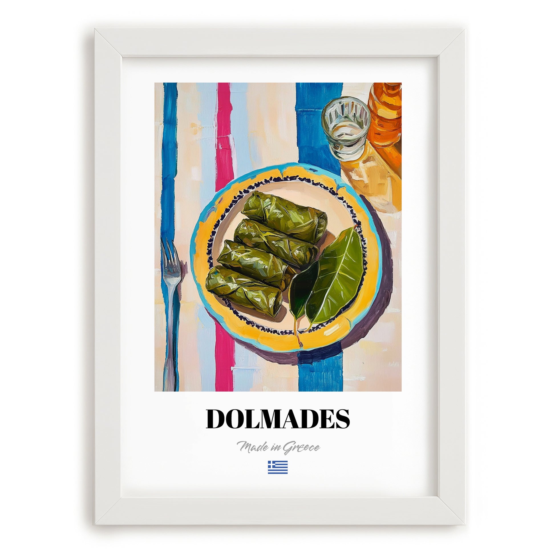 Dolmades – on Striped Tablecloth, Greek Food Illustration, placed in minimal white frame