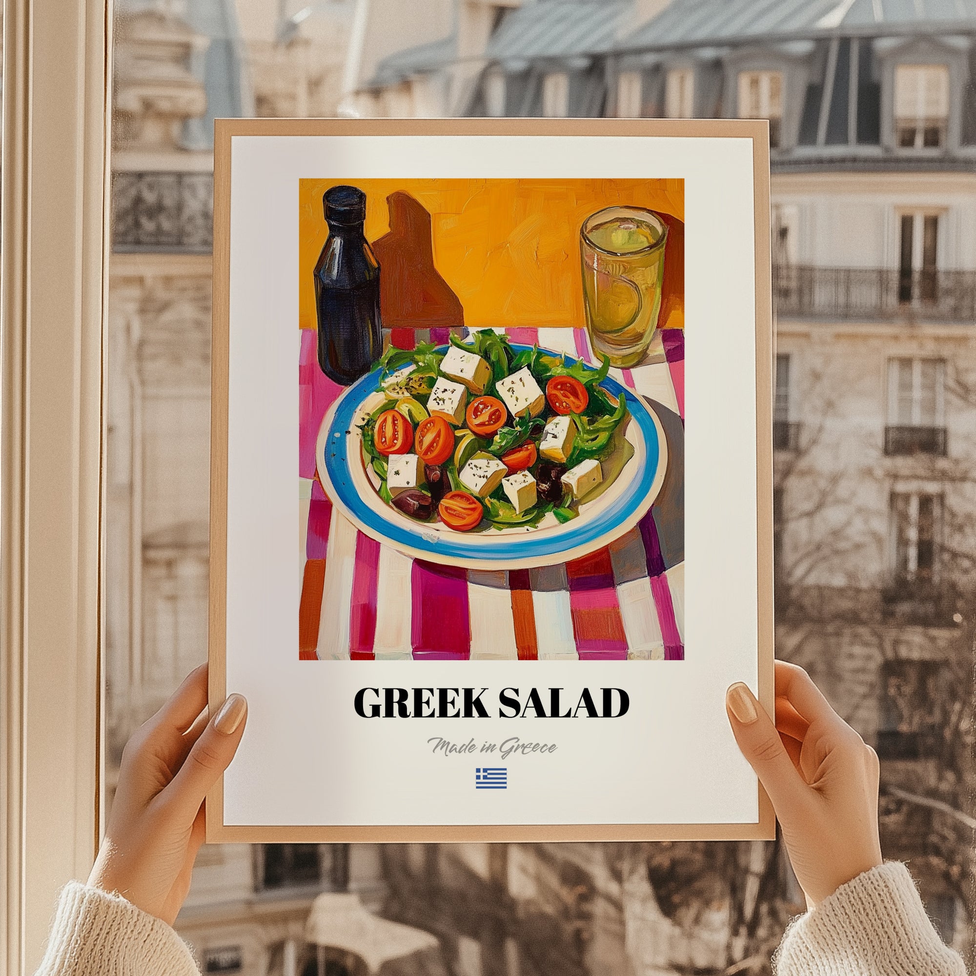 Greek Salad – Art, Greek Food Painting, styled in a charming Paris street view