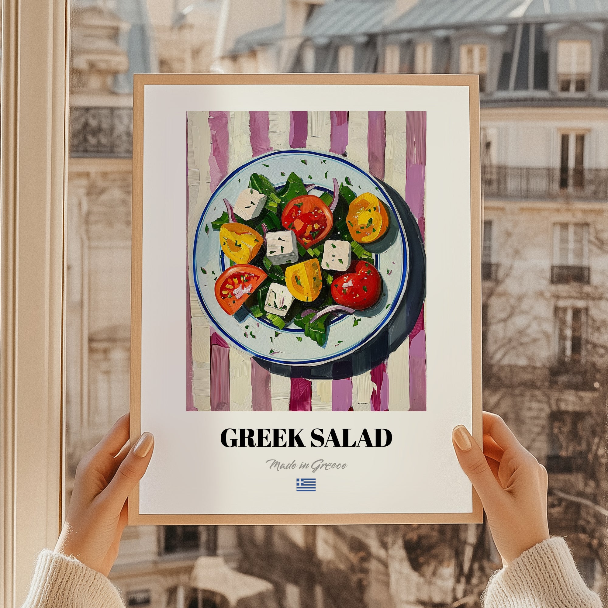 Greek Salad – on Striped Tablecloth, Greek Food Wall Decor, styled in a charming Paris street view