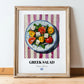 Greek Salad – on Striped Tablecloth, Greek Food Wall Decor, in wooden frame leaning on the floor