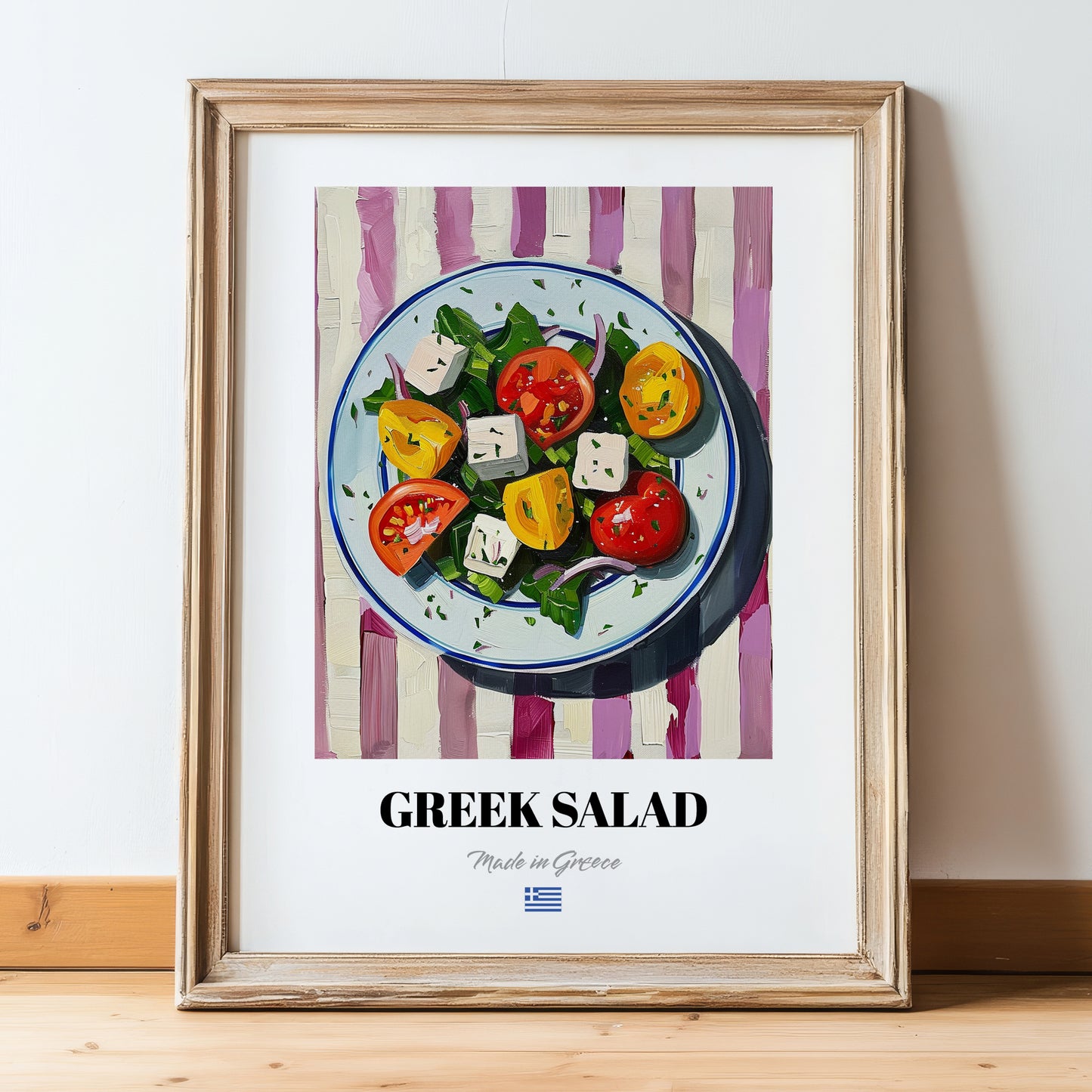 Greek Salad – on Striped Tablecloth, Greek Food Wall Decor, in wooden frame leaning on the floor