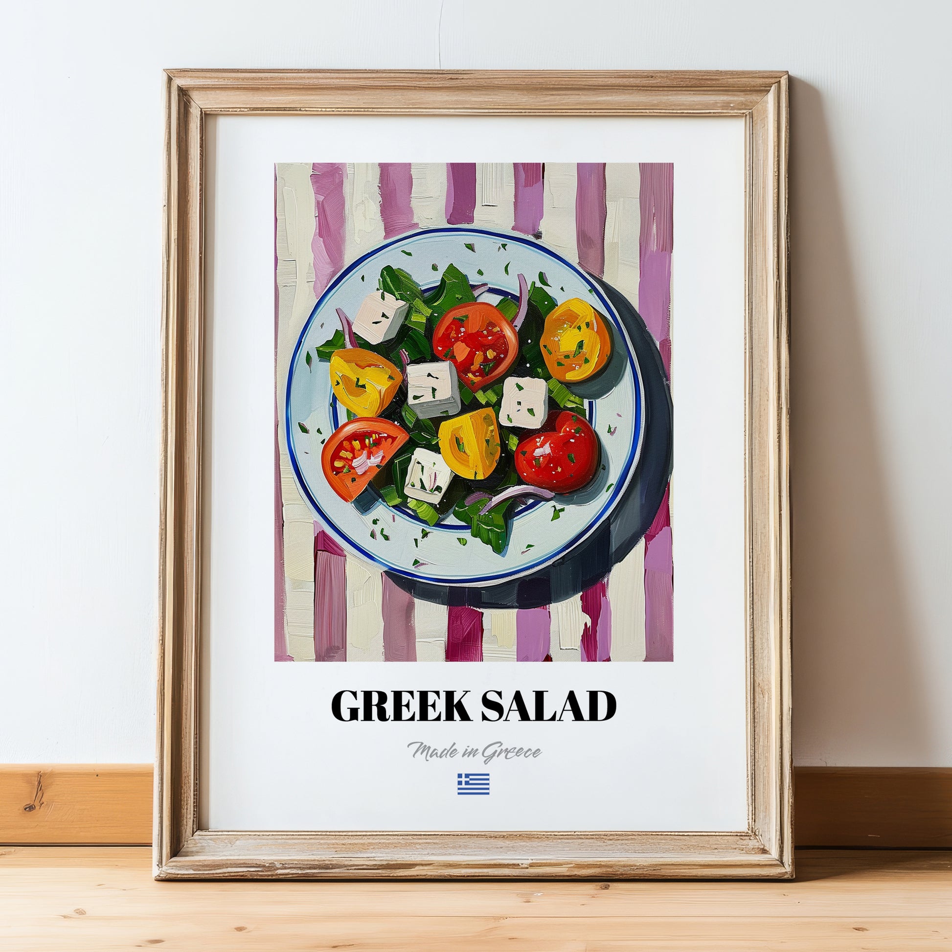 Greek Salad – on Striped Tablecloth, Greek Food Wall Decor, in wooden frame leaning on the floor