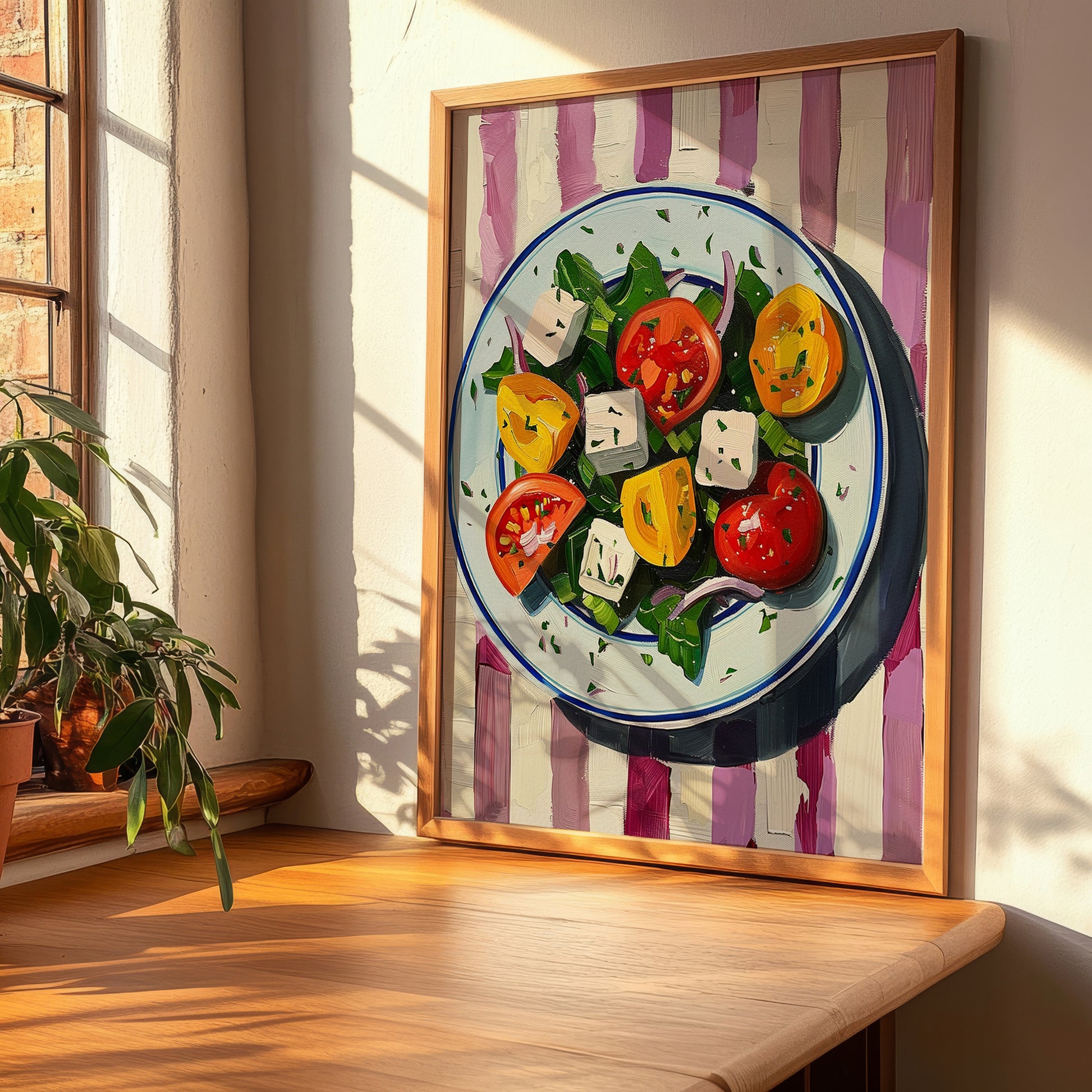 Greek Salad – on Striped Tablecloth, Greek Food Wall Decor, clean layout with no caption