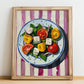 Greek Salad – on Striped Tablecloth, Greek Food Wall Decor, no-text version framed in wood