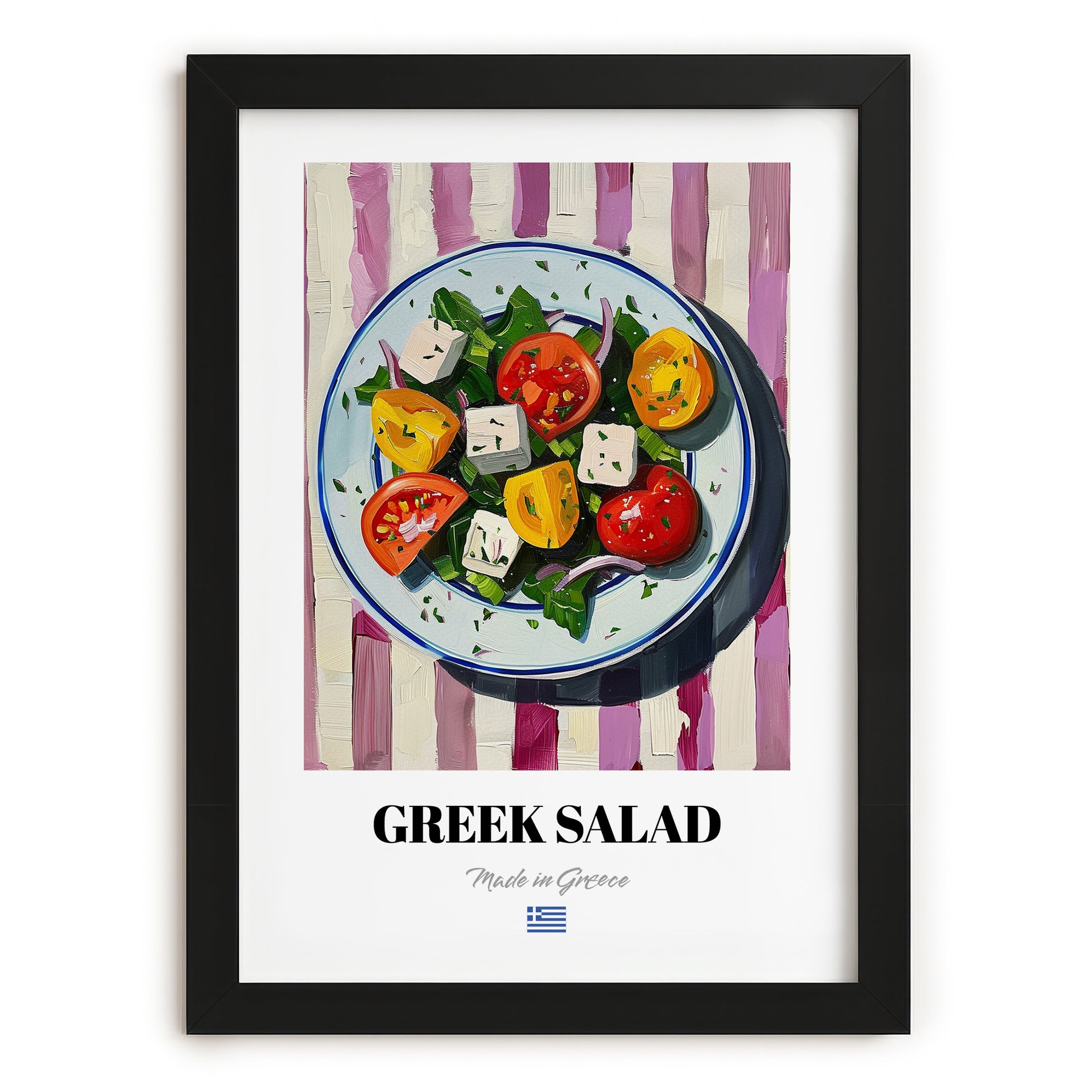 Greek Salad – on Striped Tablecloth, Greek Food Wall Decor, in sleek black frame
