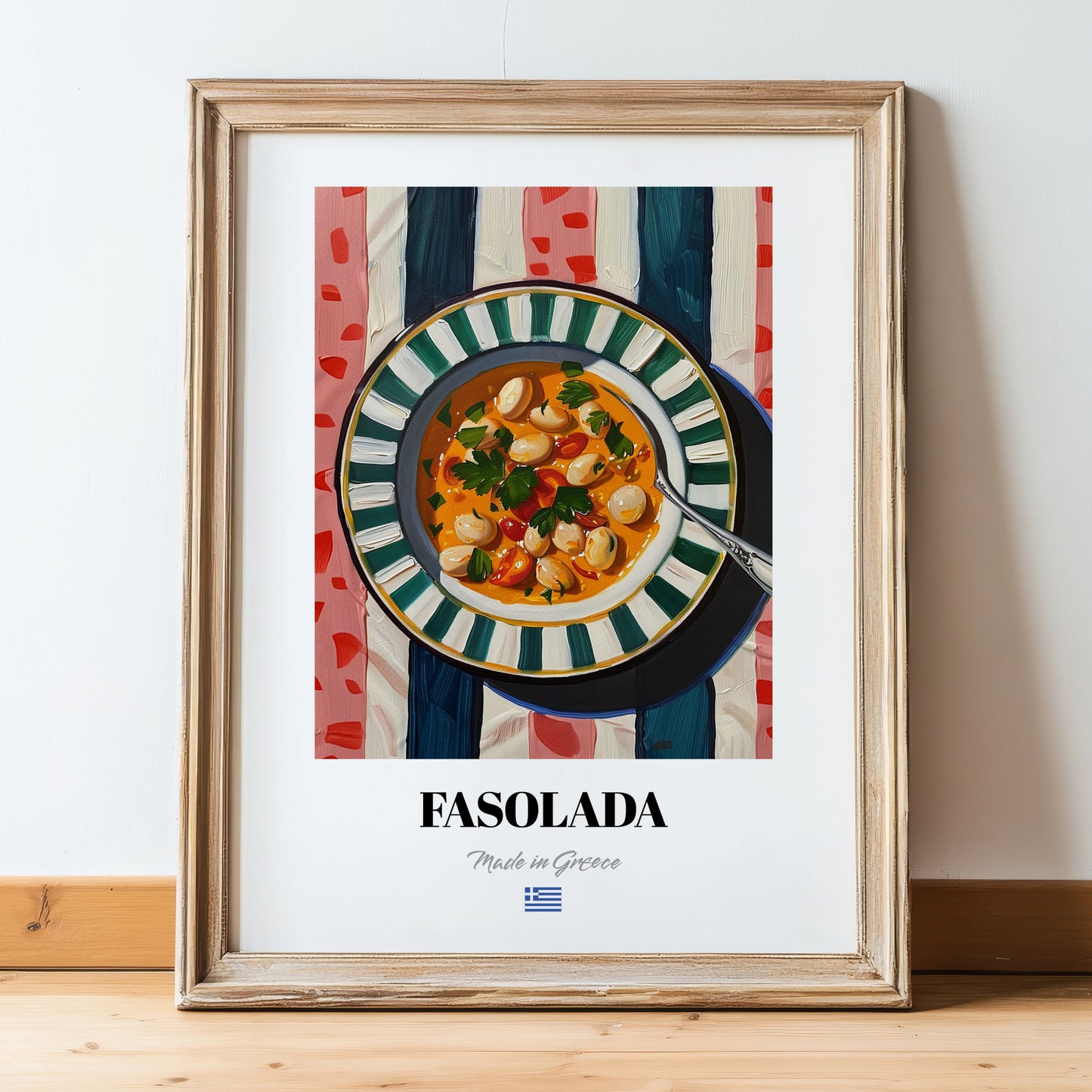 Fasolada – on Striped Tablecloth, Greek Food Poster, in wooden frame leaning on the floor