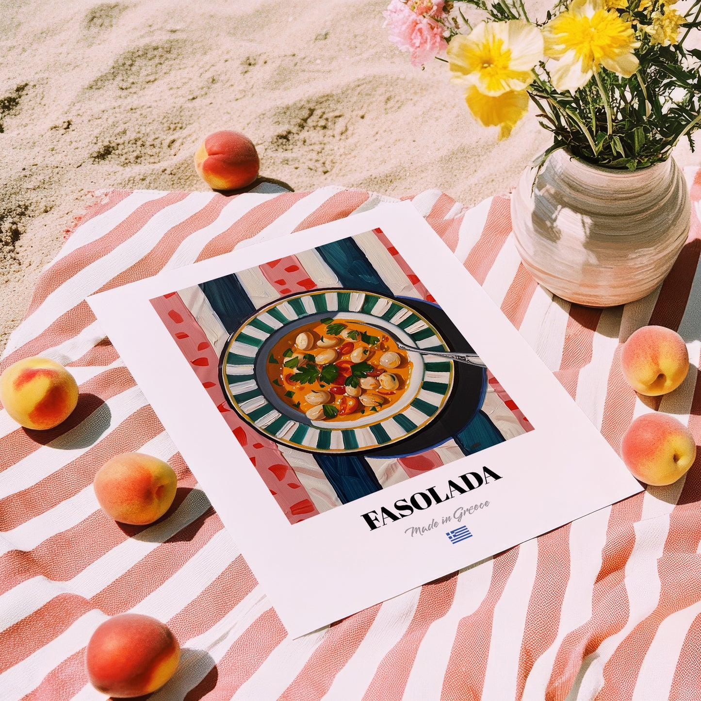 Fasolada – on Striped Tablecloth, Greek Food Poster, unframed on coastal sand