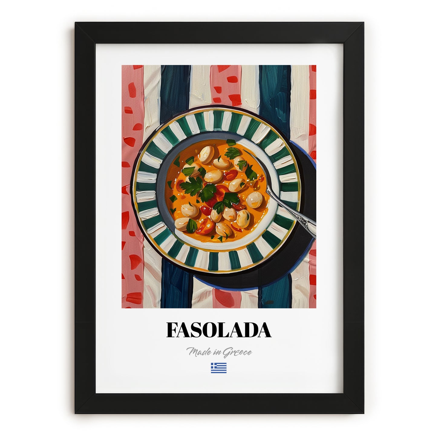Fasolada – on Striped Tablecloth, Greek Food Poster, in sleek black frame