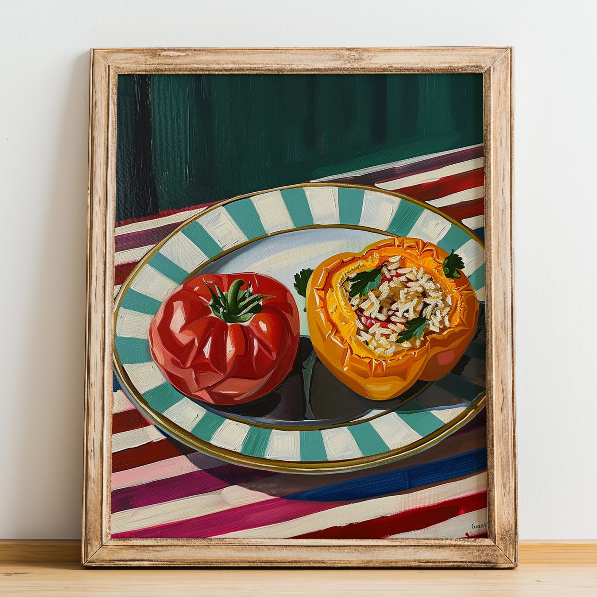 Gemista – on Striped Tablecloth, Greek Food Painting, no-text version framed in wood