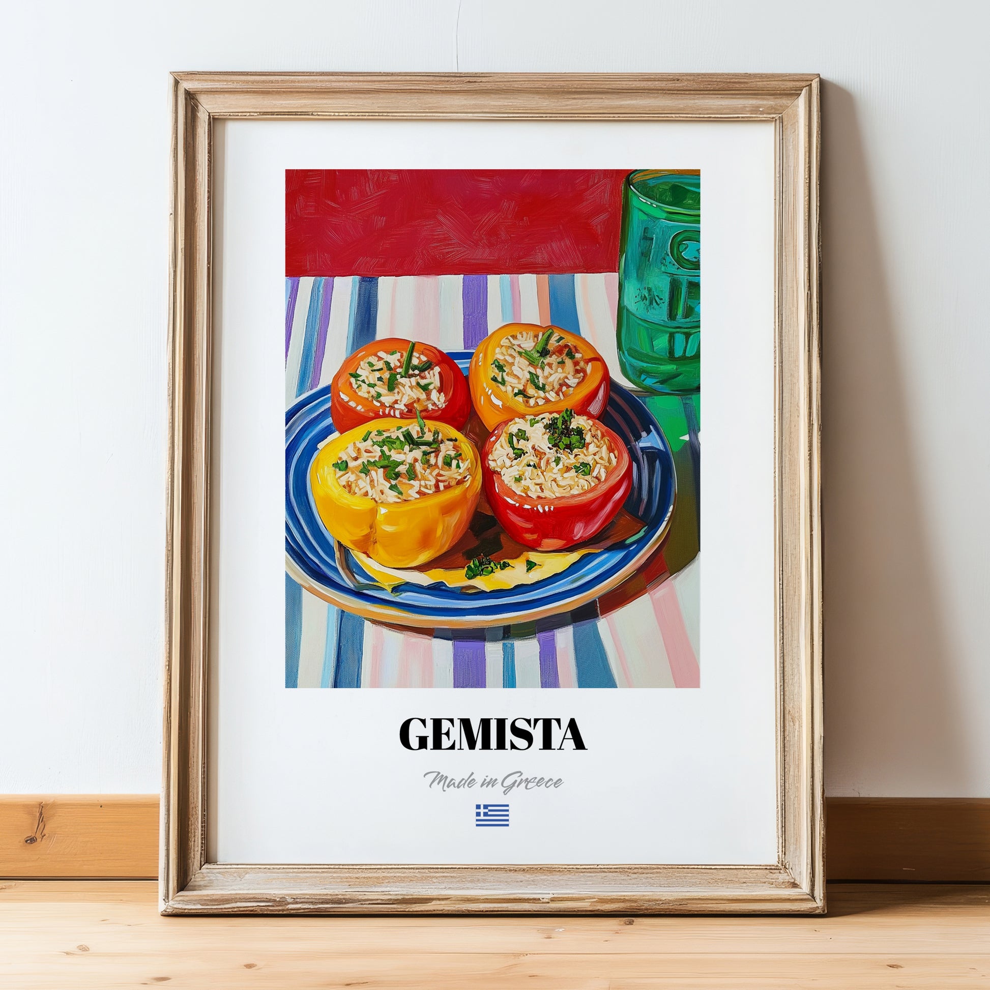 Gemista – Oil Painting, Greek Food Wall Art, in wooden frame leaning on the floor