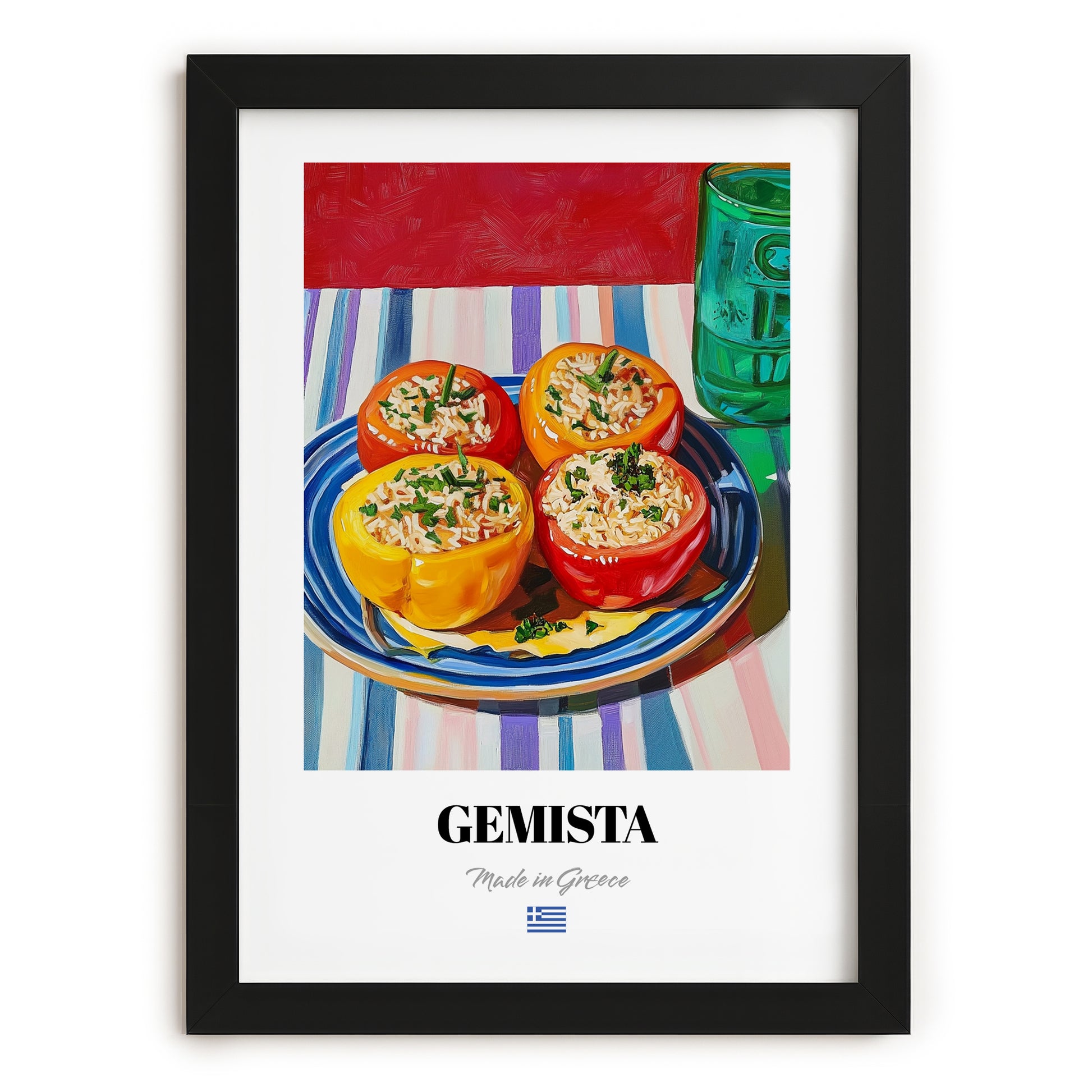 Gemista – Oil Painting, Greek Food Wall Art, in sleek black frame