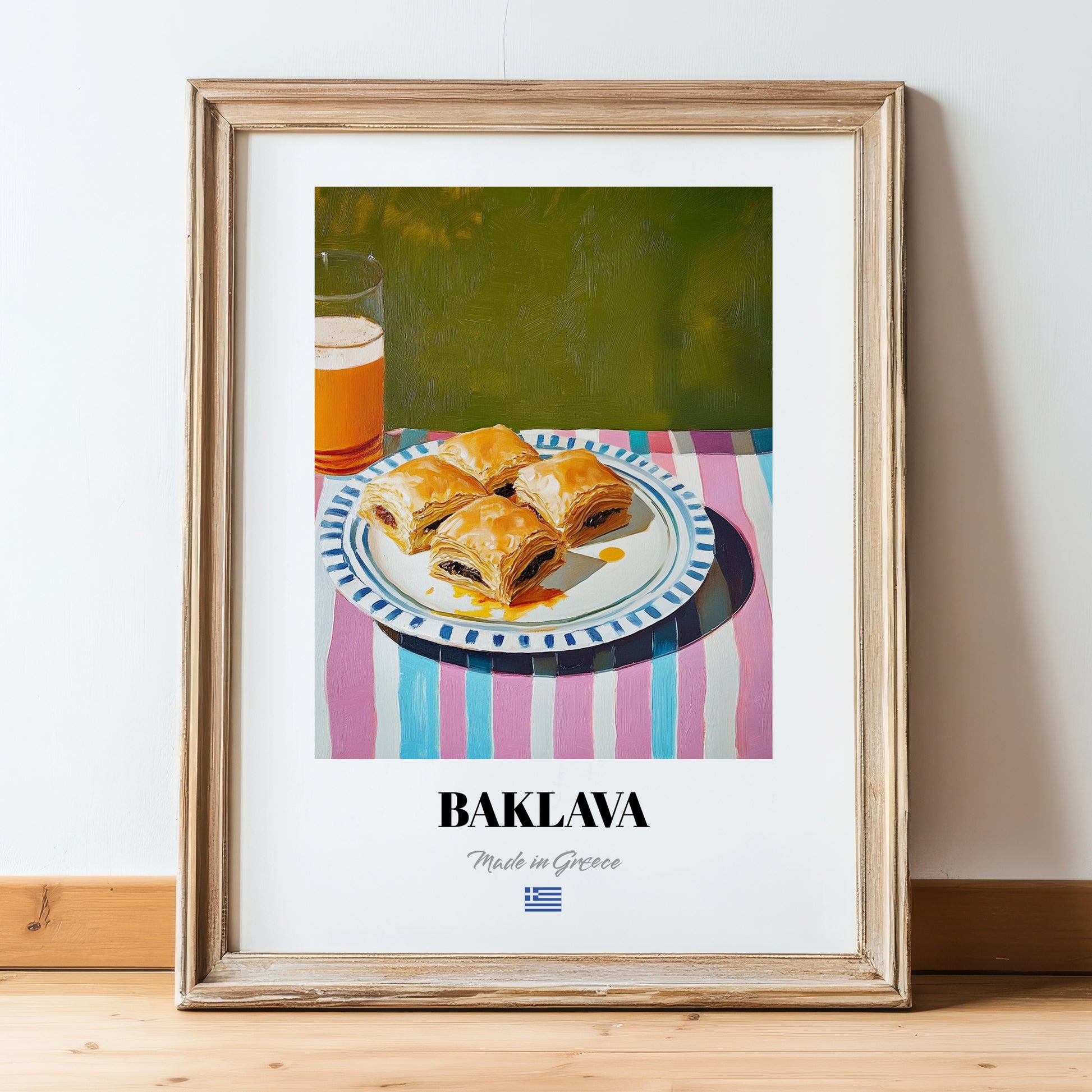 Baklava – Oil Painting, Greek Dessert Illustration, in wooden frame leaning on the floor
