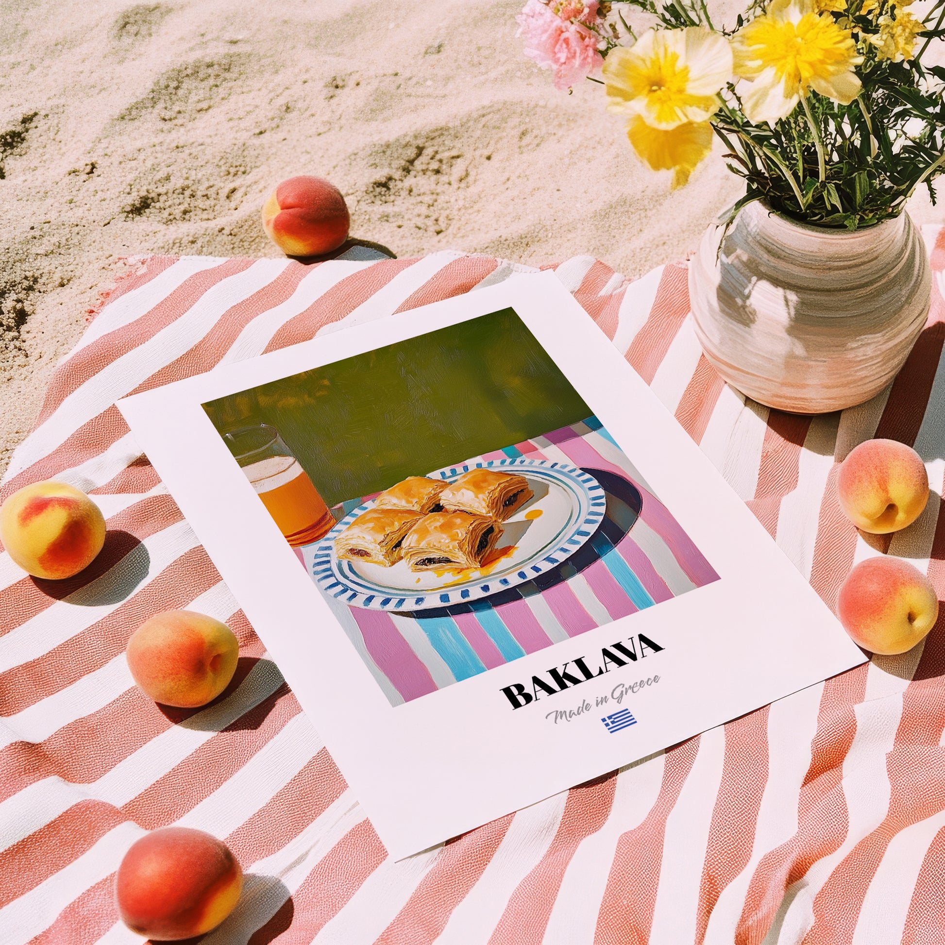 Baklava – Oil Painting, Greek Dessert Illustration, unframed on coastal sand