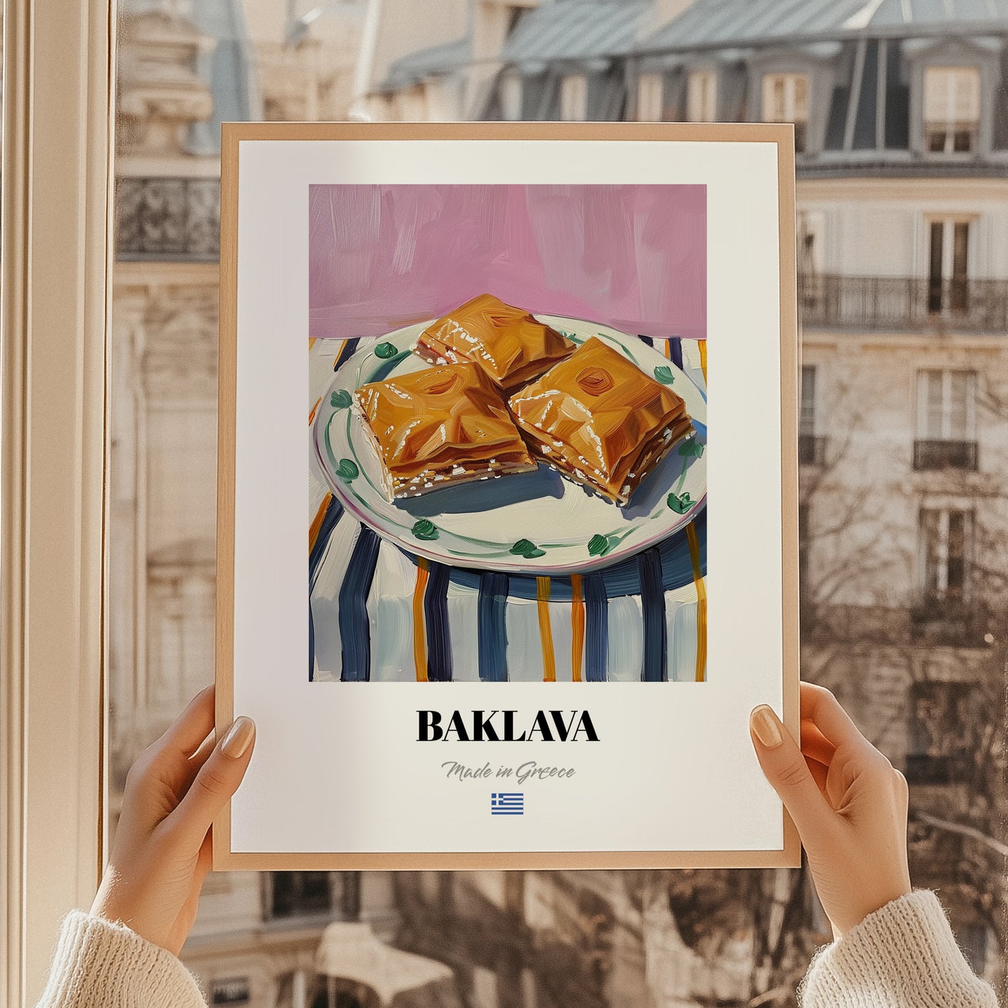 Baklava – on Striped Tablecloth, Greek Dessert Illustration, styled in a charming Paris street view