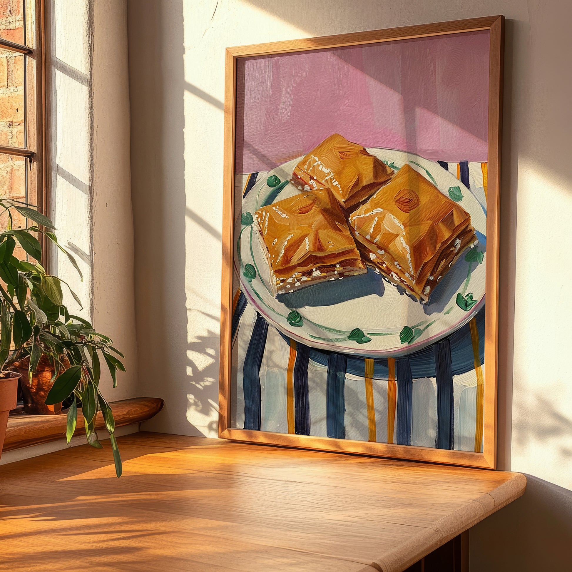Baklava – on Striped Tablecloth, Greek Dessert Illustration, clean layout with no caption