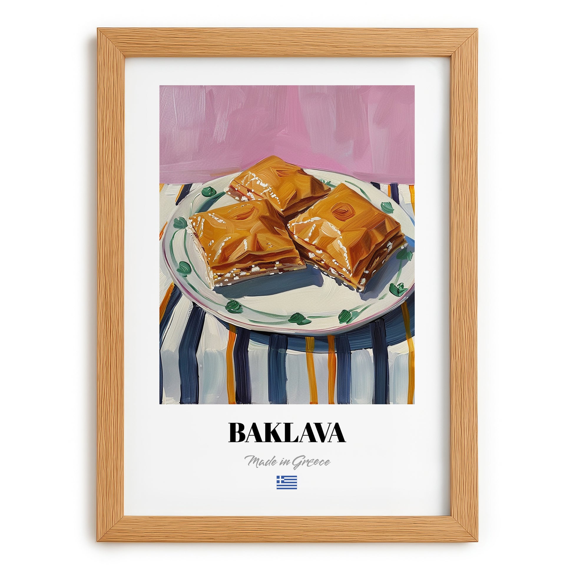 Baklava – on Striped Tablecloth, Greek Dessert Illustration, set in oak frame