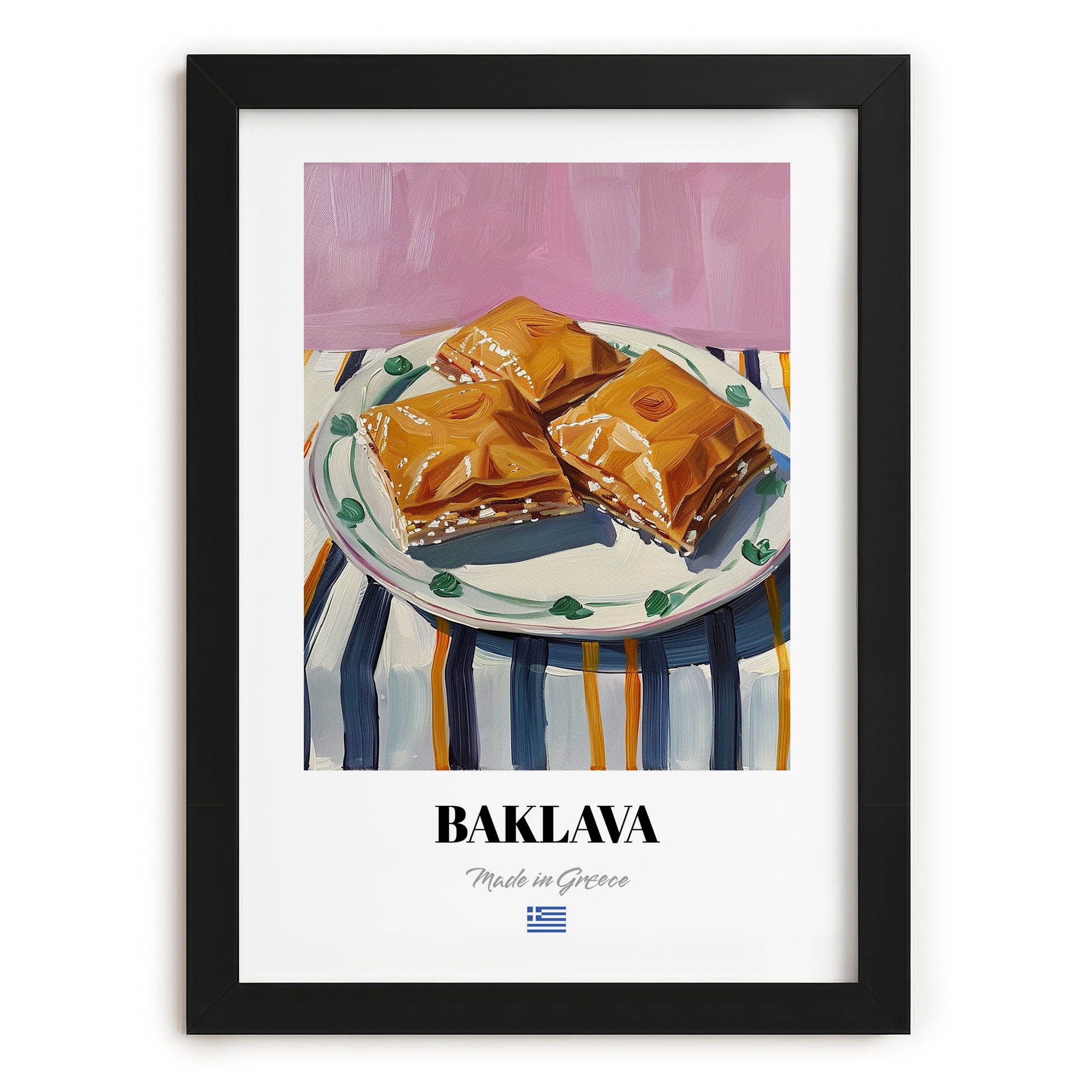 Baklava – on Striped Tablecloth, Greek Dessert Illustration, in sleek black frame