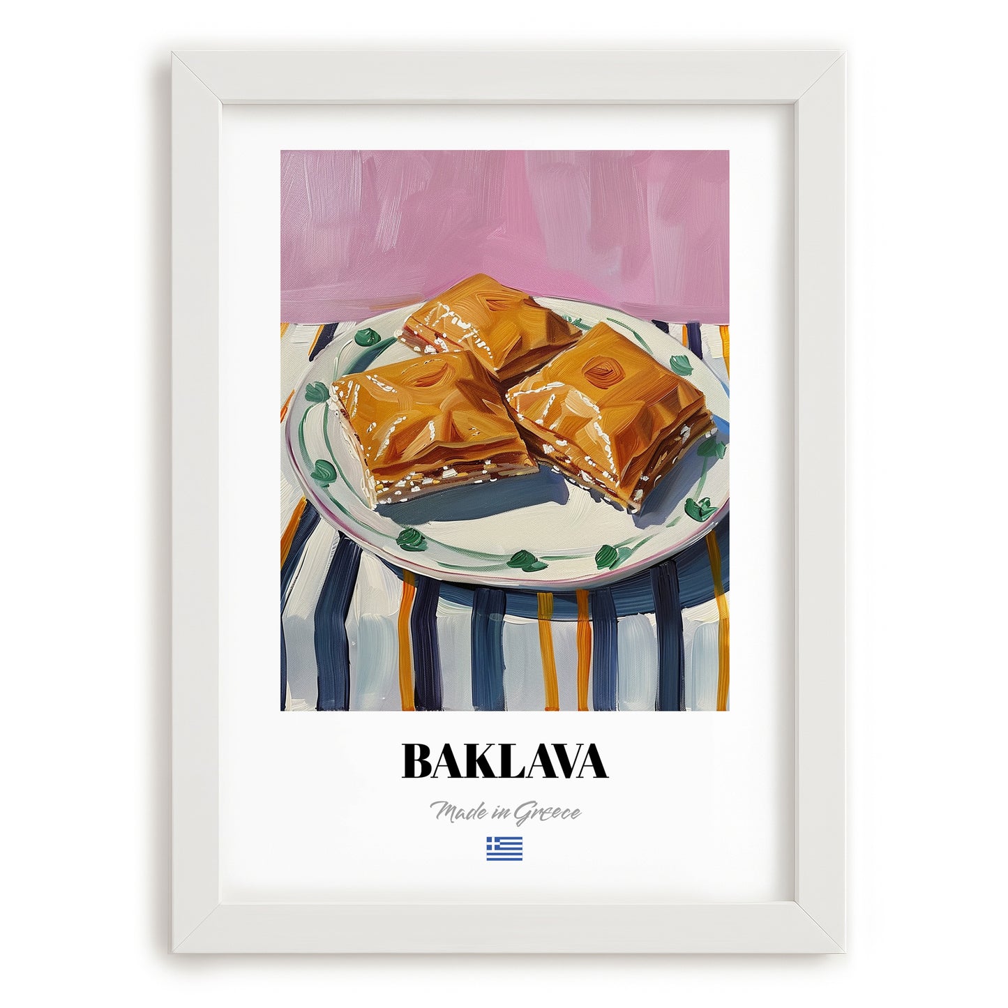Baklava – on Striped Tablecloth, Greek Dessert Illustration, placed in minimal white frame