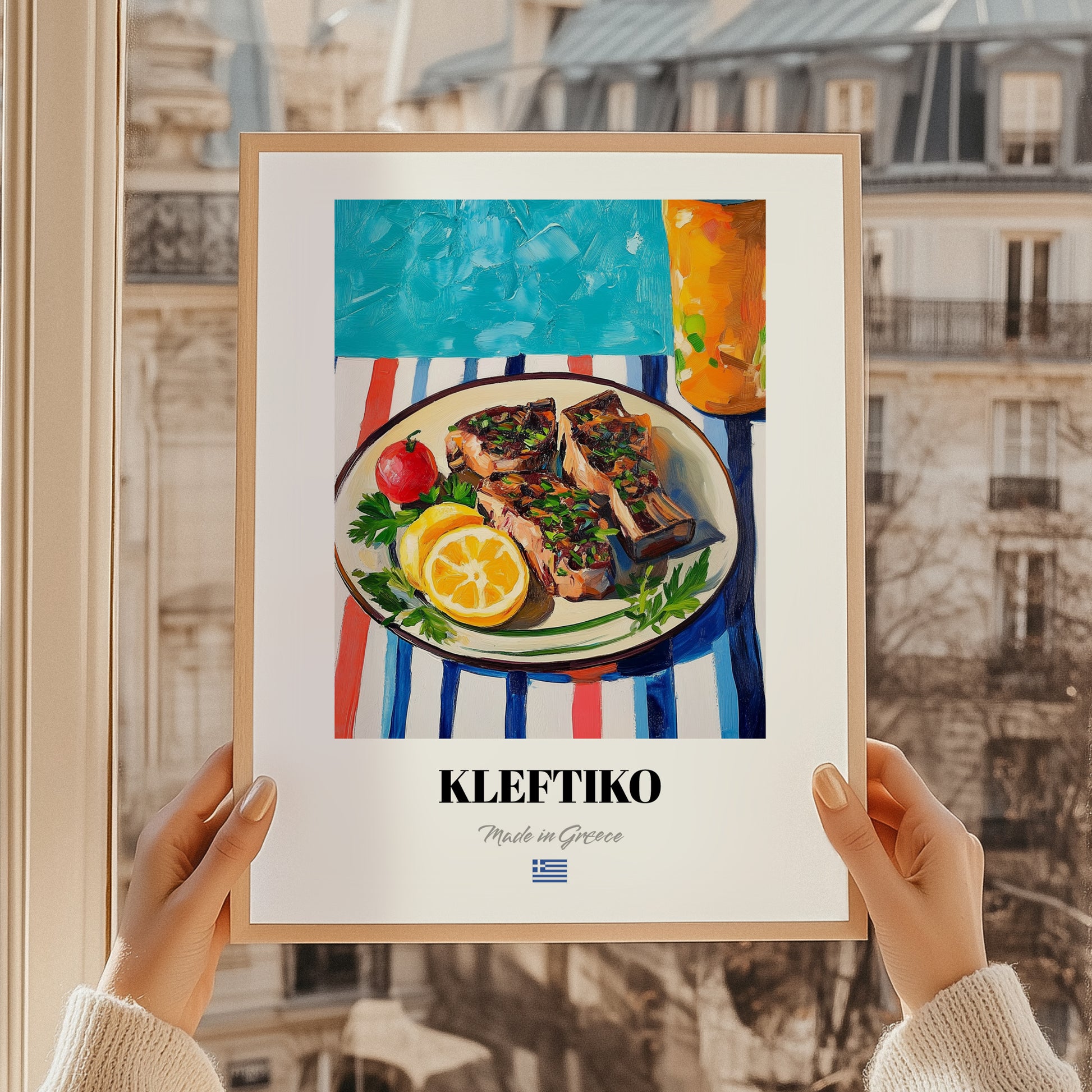 Kleftiko – Colorful Oil Painting, Greek Food Painting, styled in a charming Paris street view