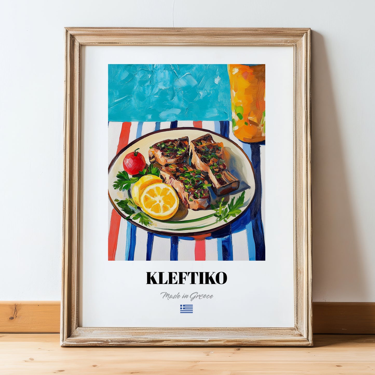 Kleftiko – Colorful Oil Painting, Greek Food Painting, in wooden frame leaning on the floor