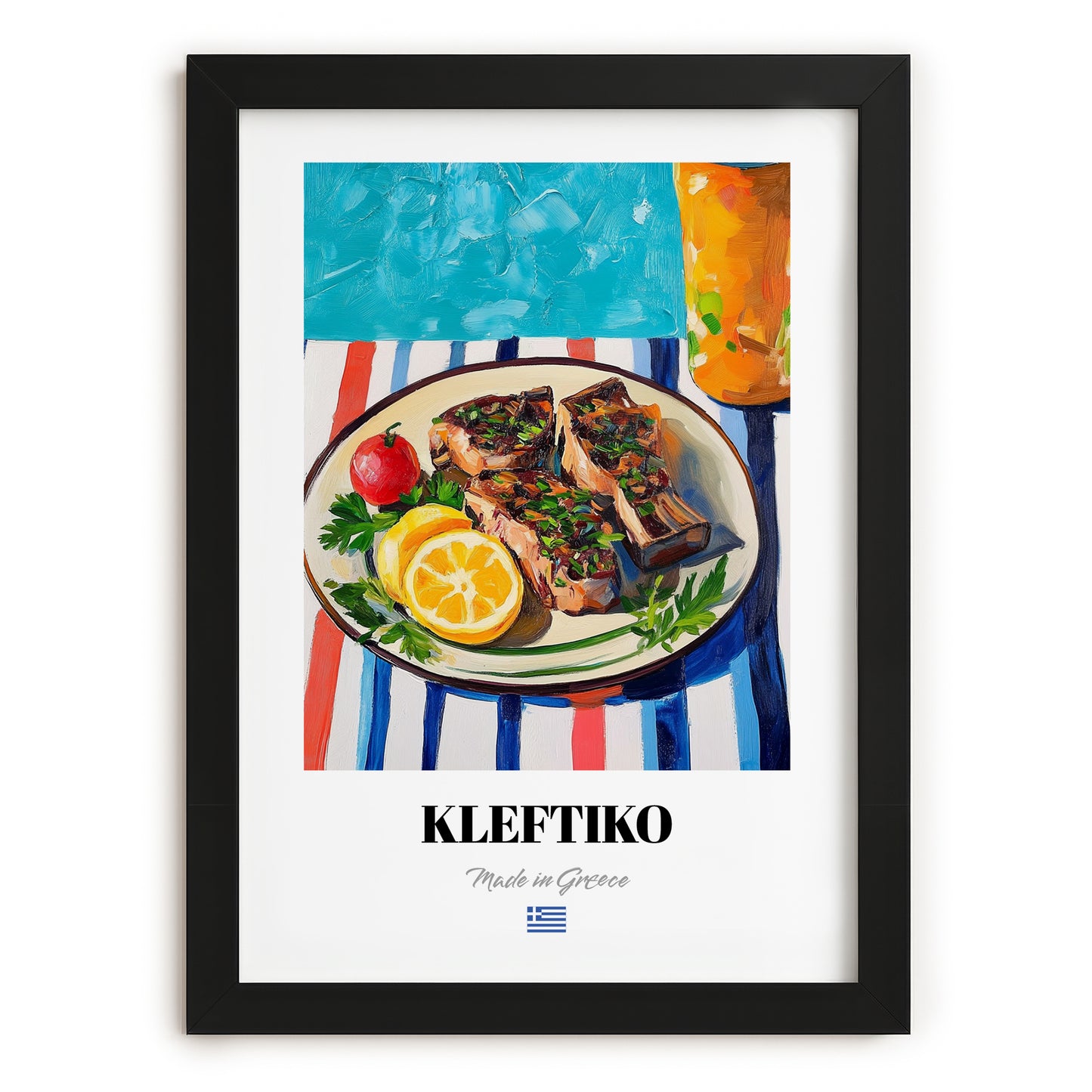 Kleftiko – Colorful Oil Painting, Greek Food Painting, in sleek black frame