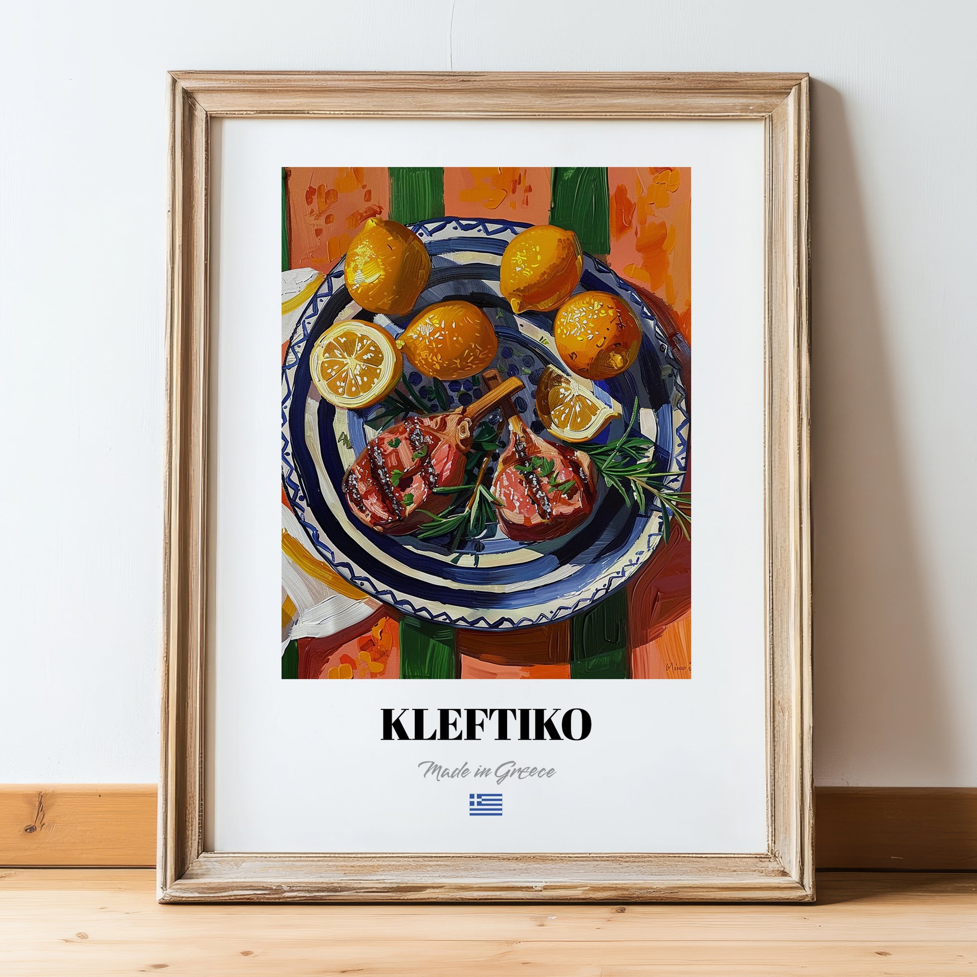 Kleftiko – Colorful Oil Painting, Greek Food Painting, in wooden frame leaning on the floor