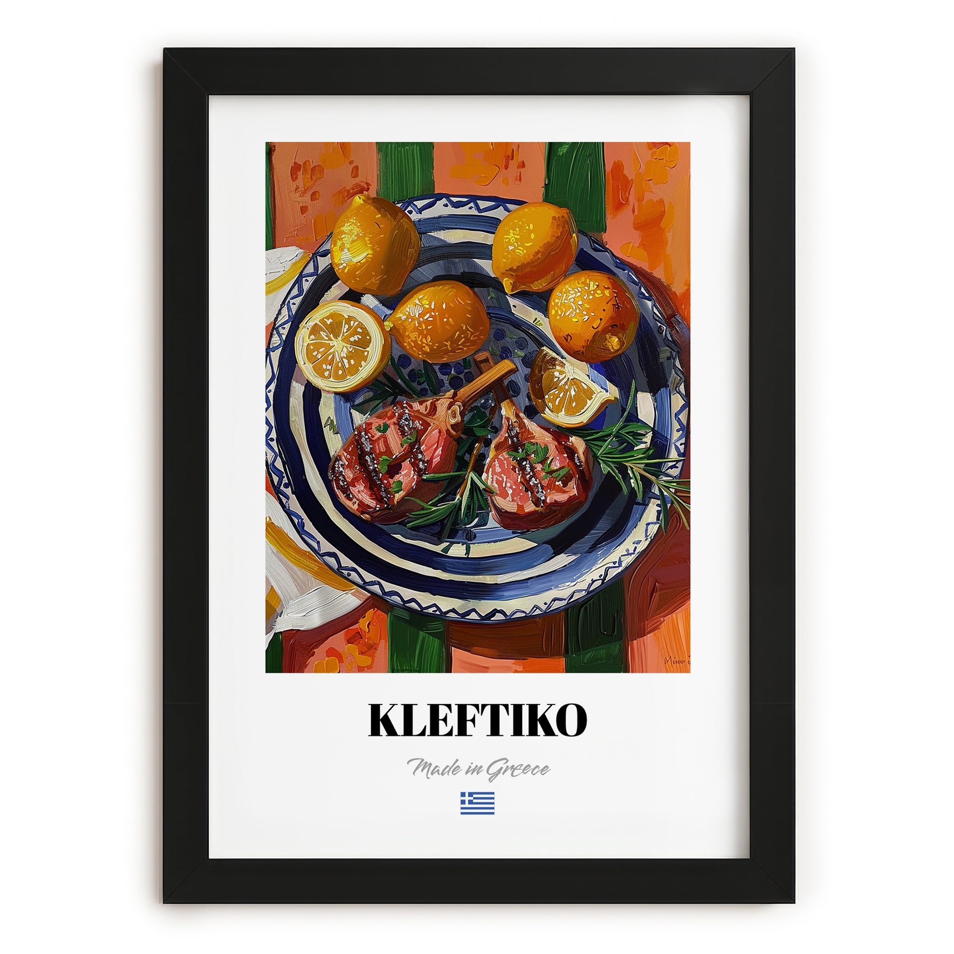 Kleftiko – Colorful Oil Painting, Greek Food Painting, in sleek black frame