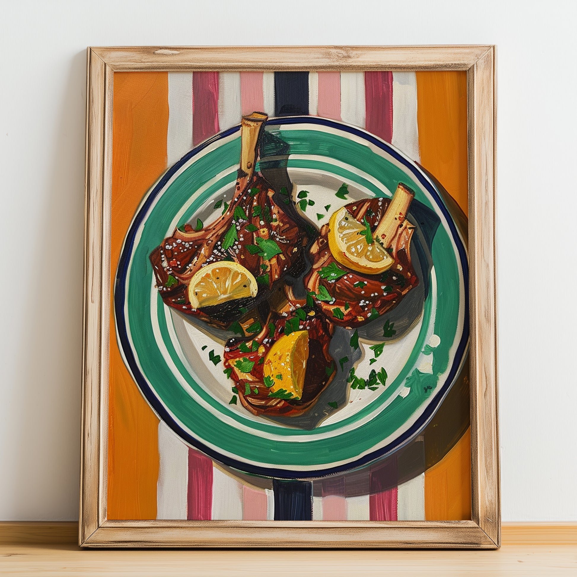 Kleftiko – on Striped Tablecloth, Greek Food Illustration, no-text version framed in wood