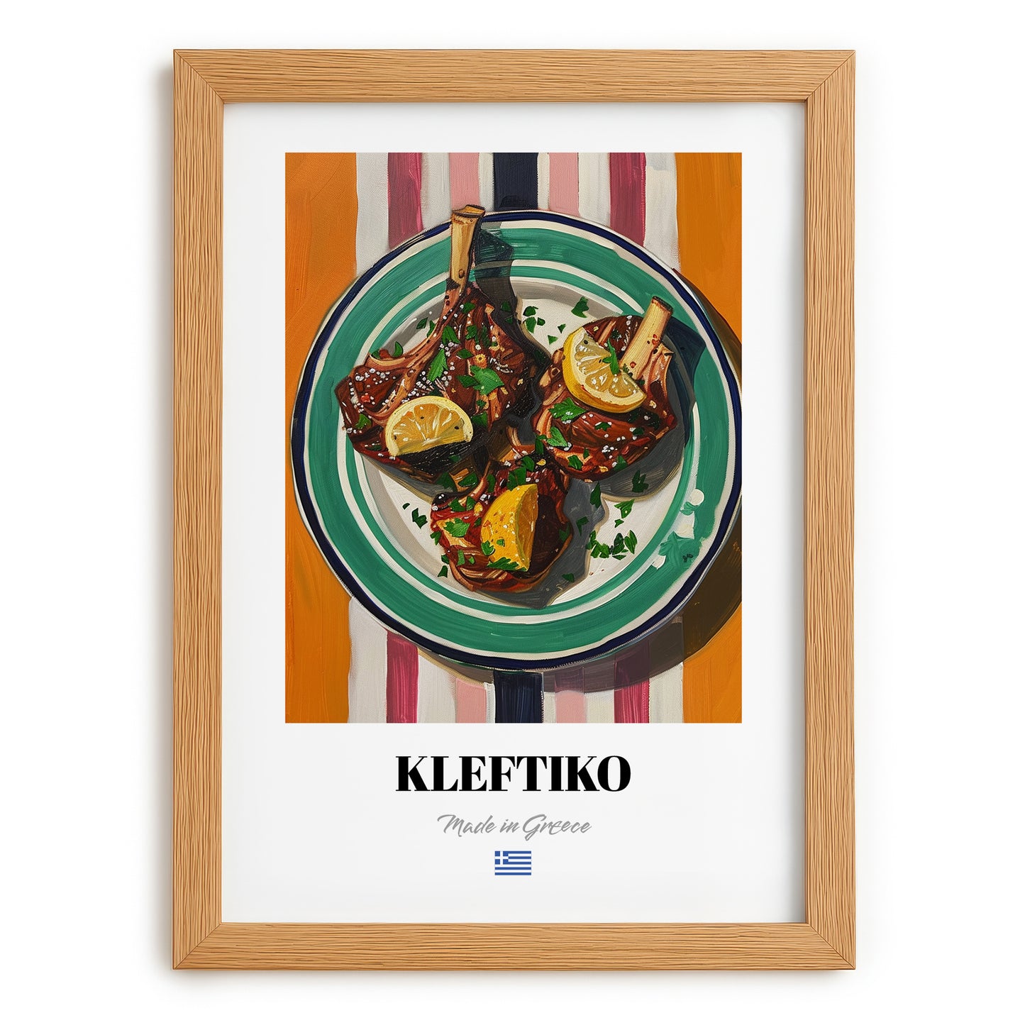 Kleftiko – on Striped Tablecloth, Greek Food Illustration, set in oak frame