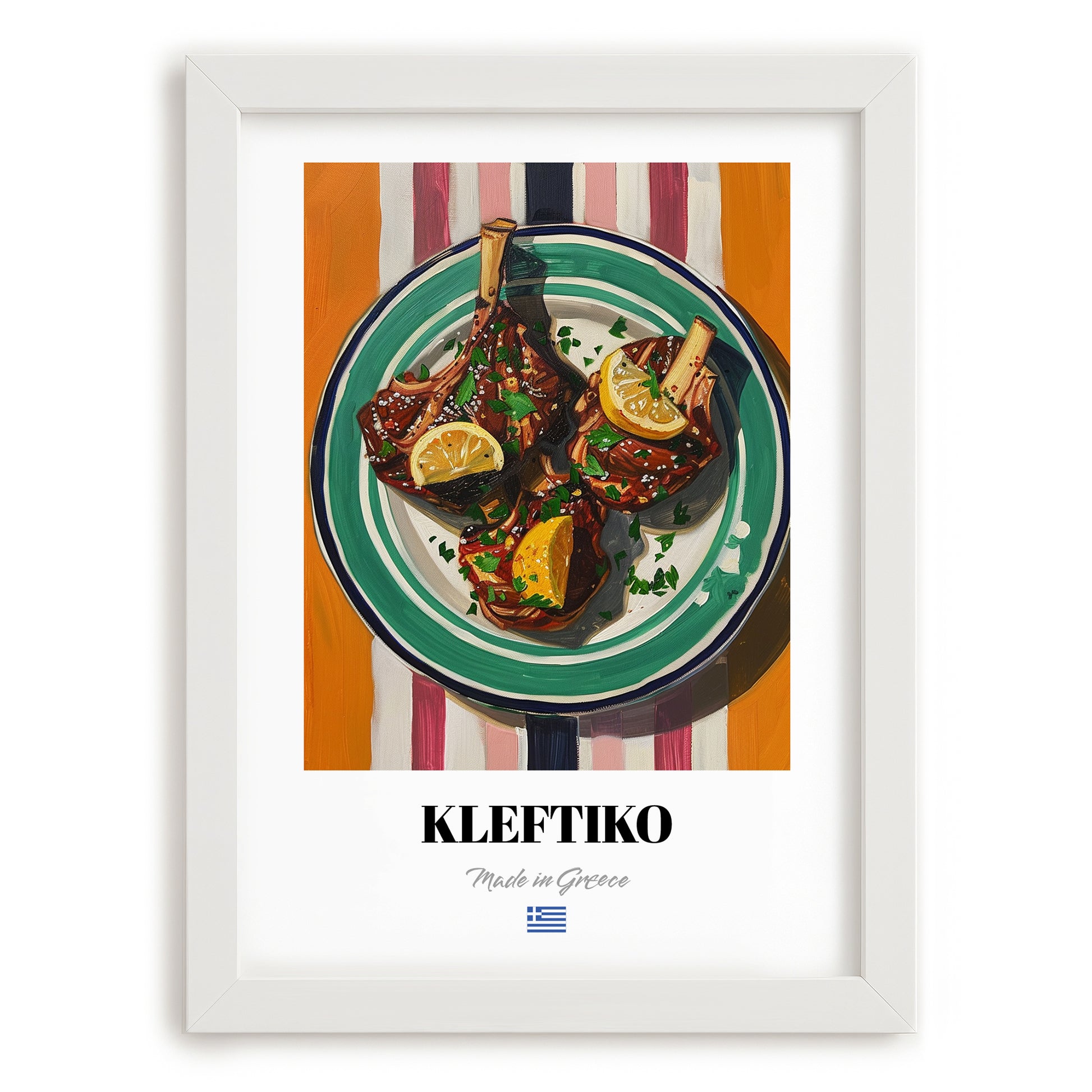 Kleftiko – on Striped Tablecloth, Greek Food Illustration, placed in minimal white frame