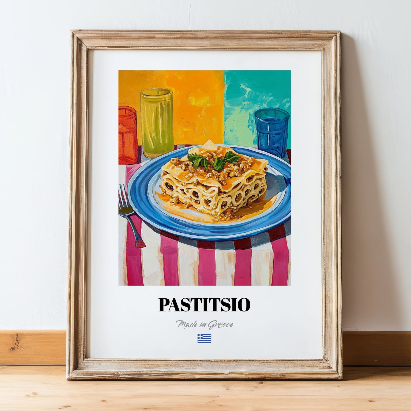 Pastitsio – Colorful Oil Painting, Greek Pasta Still Life, in wooden frame leaning on the floor