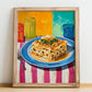 Pastitsio – Colorful Oil Painting, Greek Pasta Still Life, no-text version framed in wood