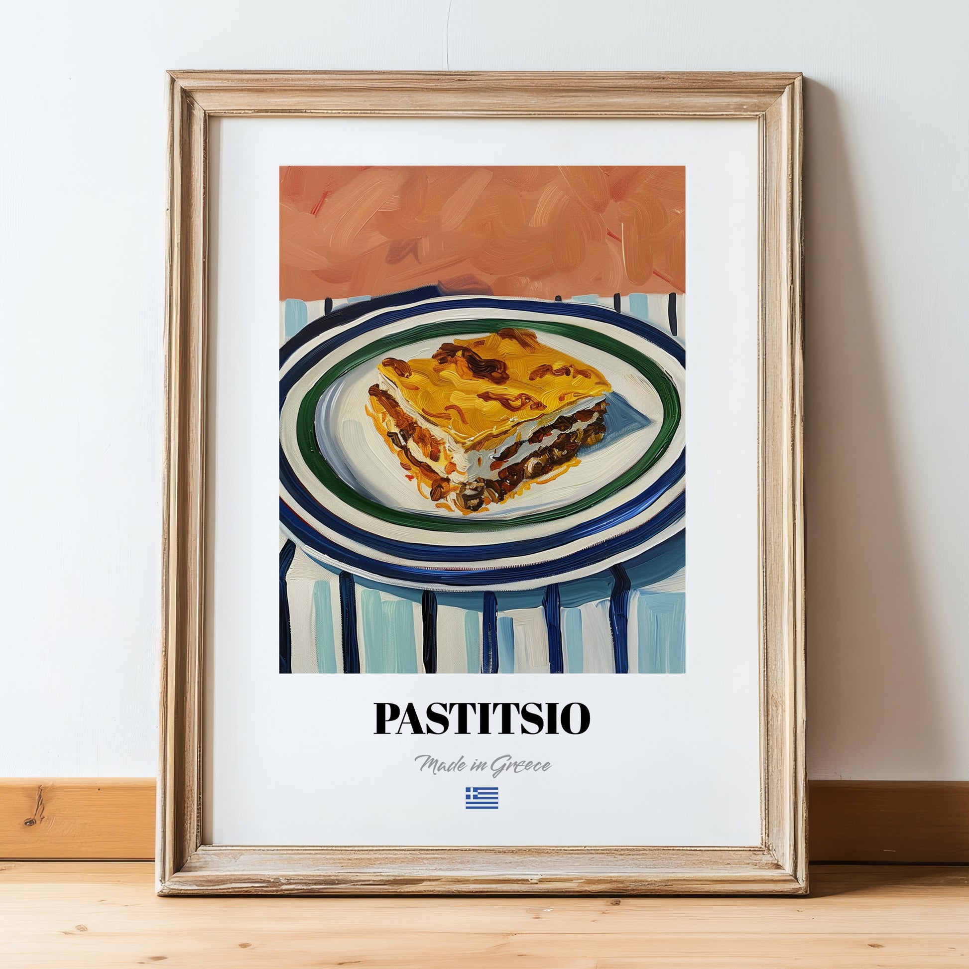 Pastitsio – on Striped Tablecloth, Greek Pasta Wall Art, in wooden frame leaning on the floor