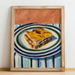 Pastitsio – on Striped Tablecloth, Greek Pasta Wall Art, no-text version framed in wood